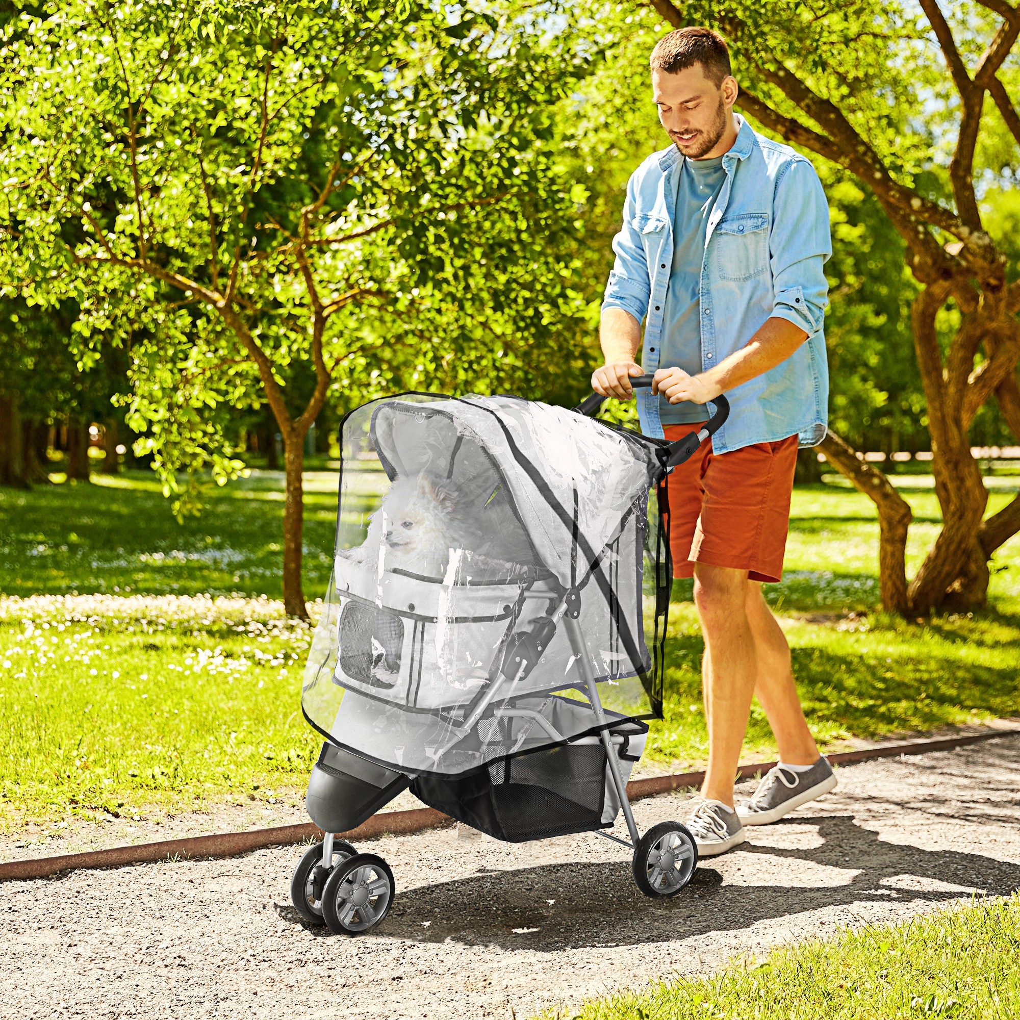 PawHut Dog Stroller with Cover for Small Miniature Dogs, Folding Cat Pram Dog Pushchair with Cup Holder, Storage Basket, Reflective Strips, Grey - North Peak Garden Furniture