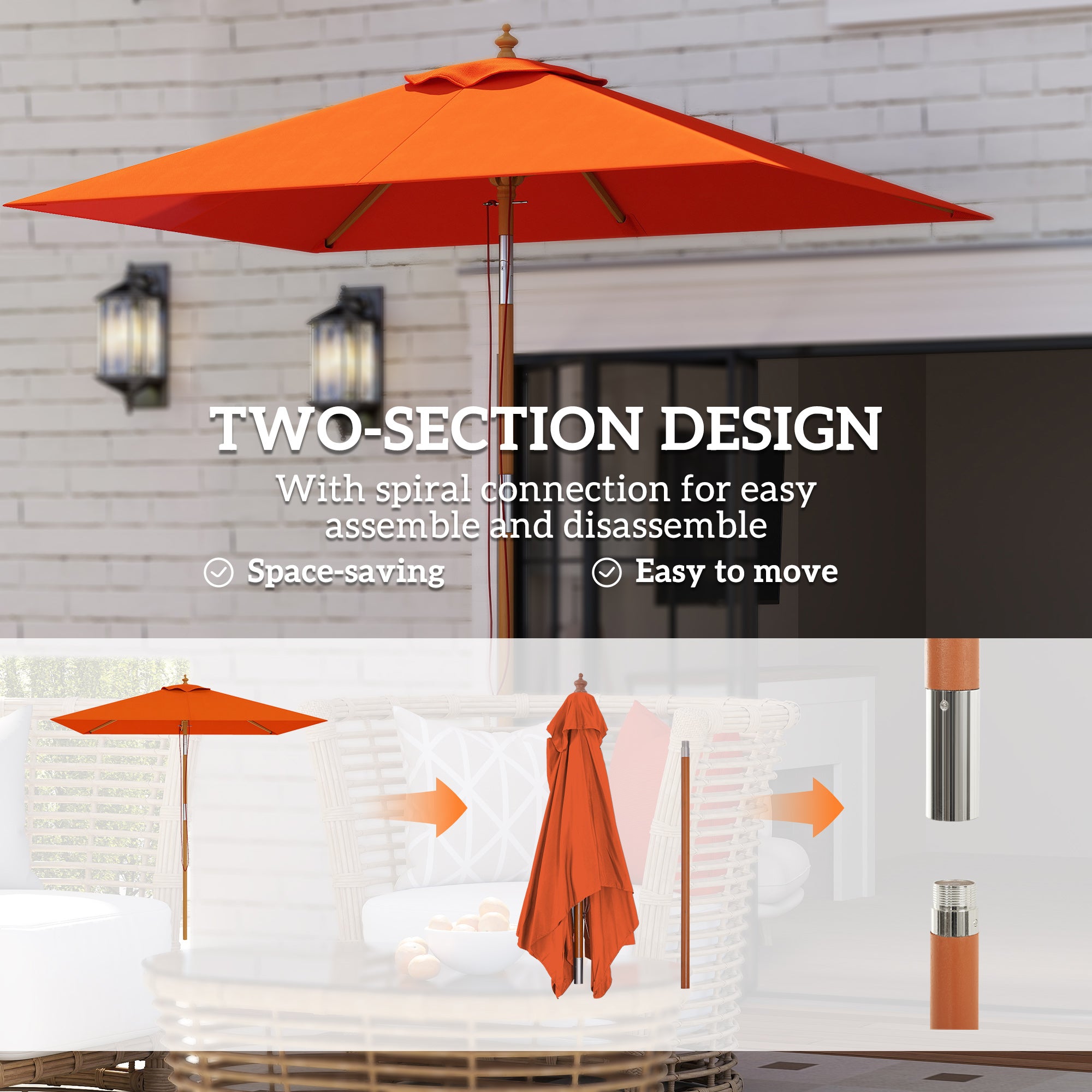 Outsunny 2m Tilting Wooden Pole Parasol - Orange - North Peak Garden Furniture