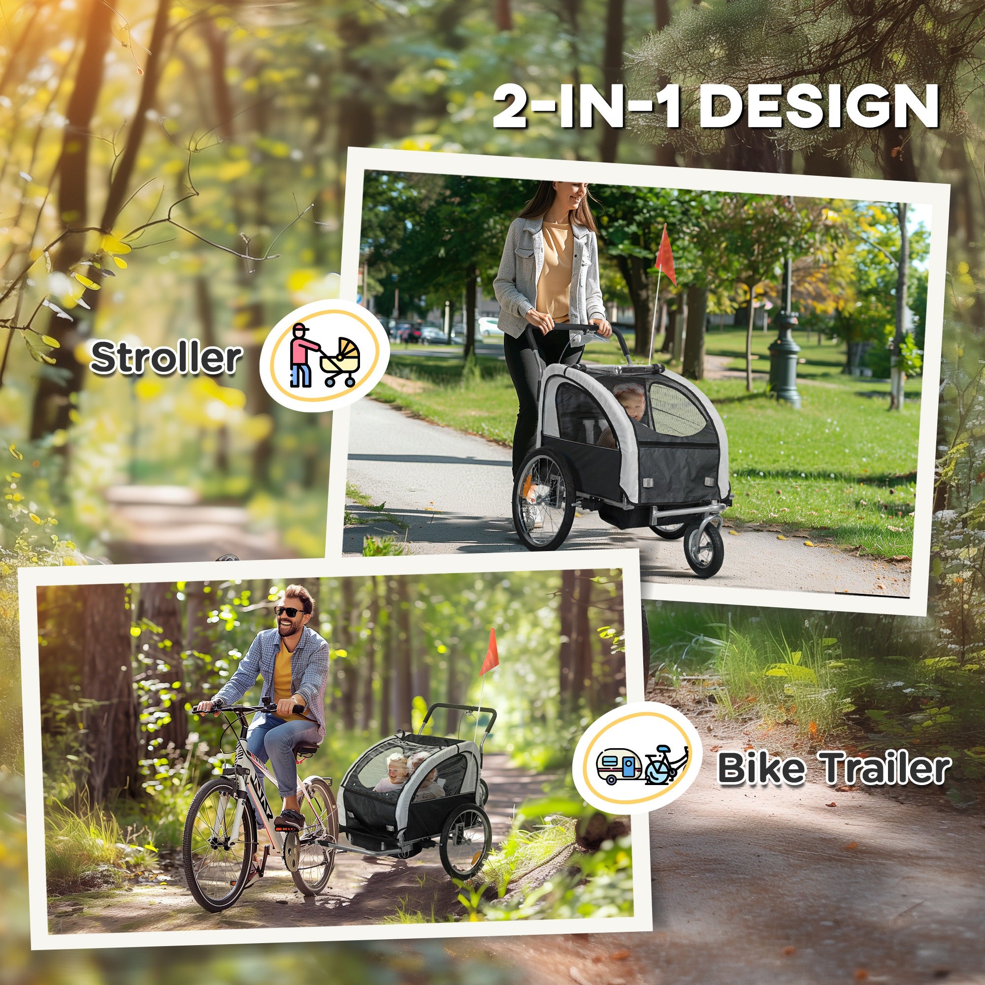 HOMCOM 2 Seat Bike Trailer with 5 Point Harness, Baby Bike Stroller with Safety Flag, Reflectors, for 18+ Months, Black - North Peak Garden Furniture
