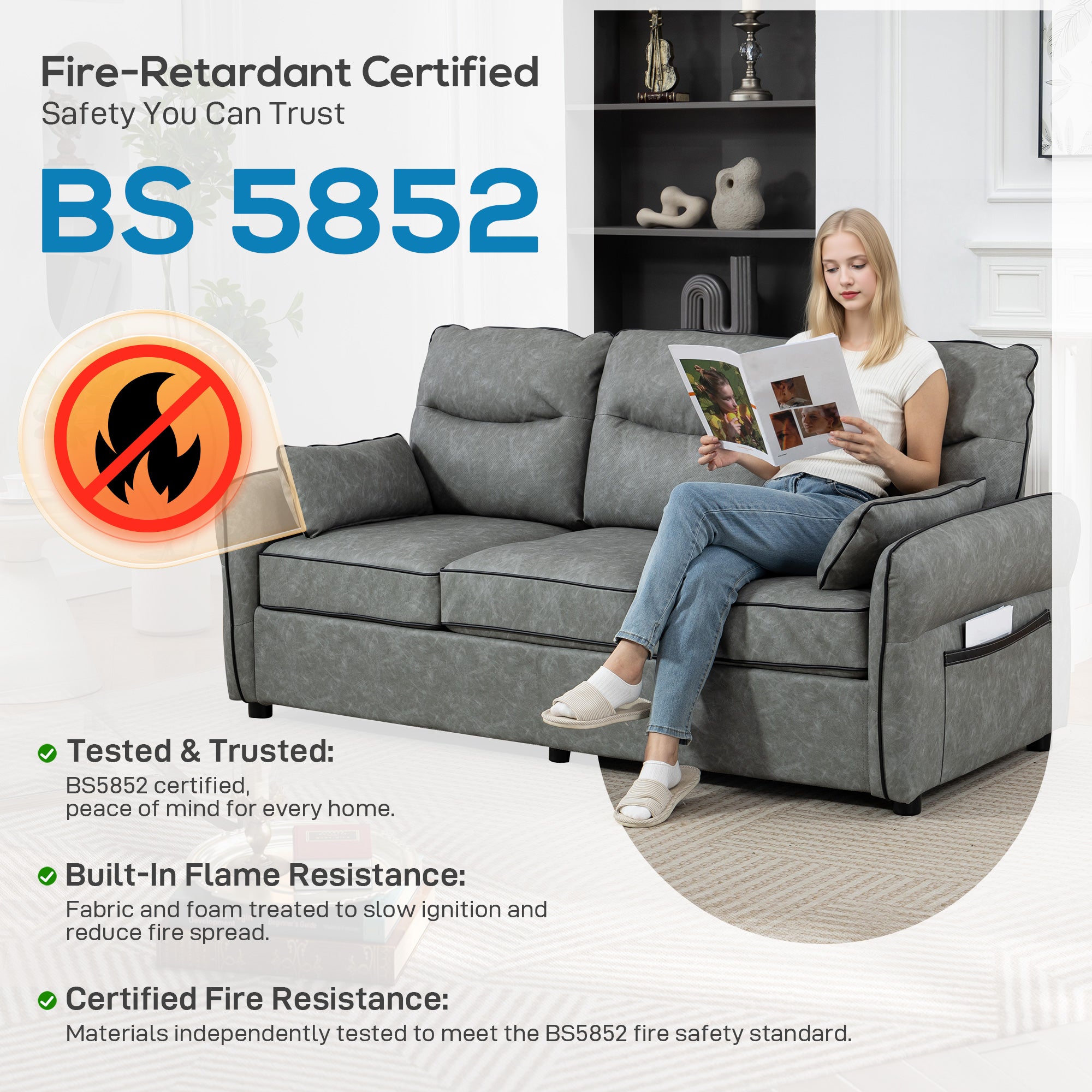 HOMCOM 3 Seater Sofa, Faux Leather Couch - Grey