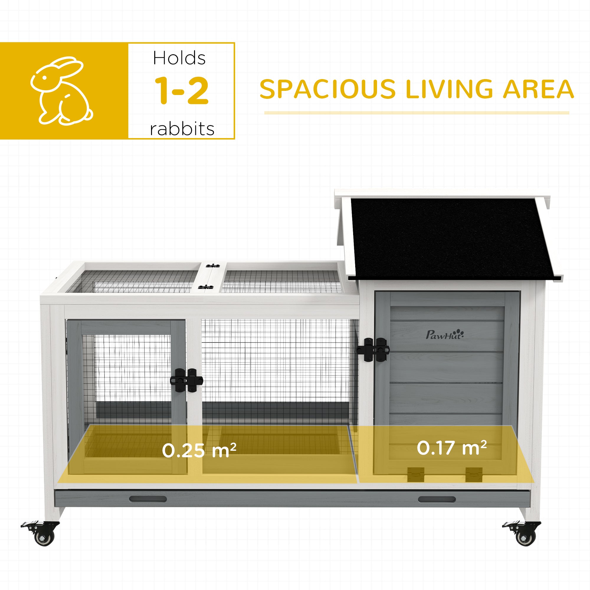 PawHut Wooden Rabbit Hutch, Guinea Pig Cage, with Removable Tray, Wheels - Grey - North Peak Garden Furniture