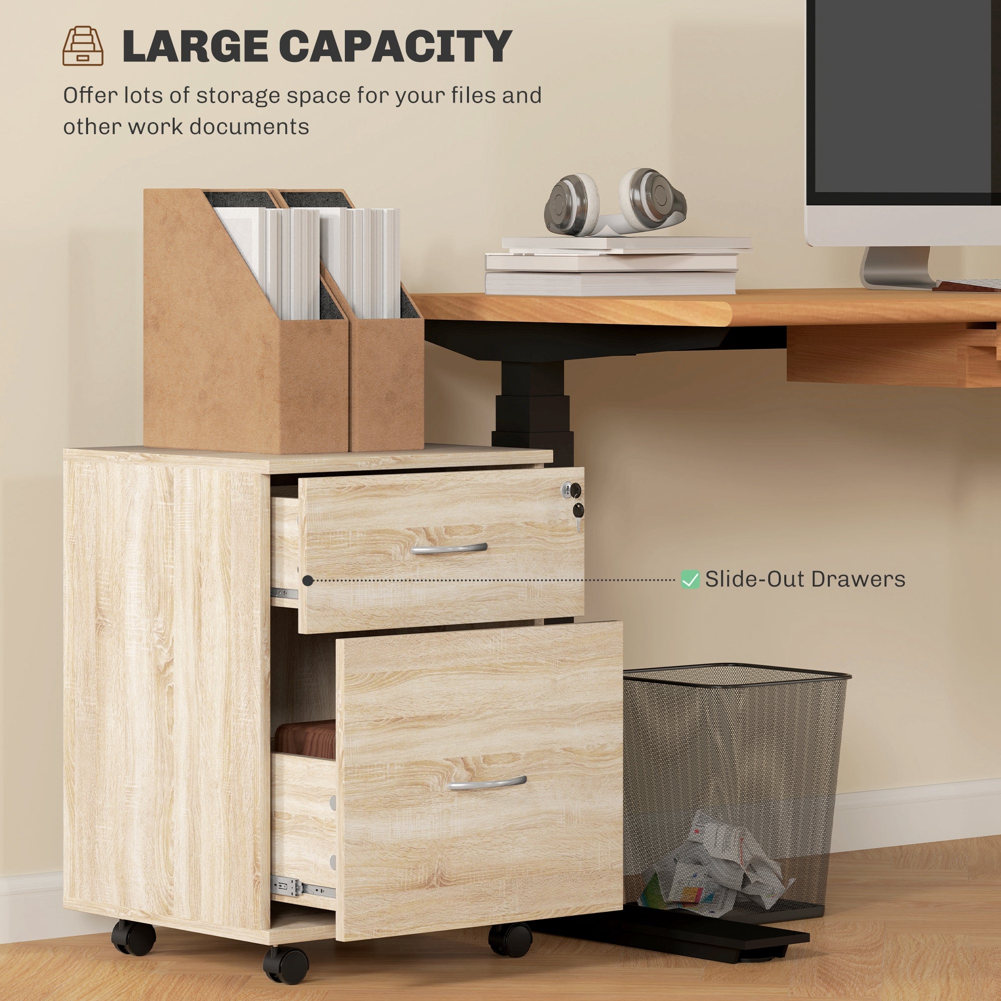 HOMCOM Two Drawer Lockable Filing Cabinet - Wood-Effect - North Peak Garden Furniture