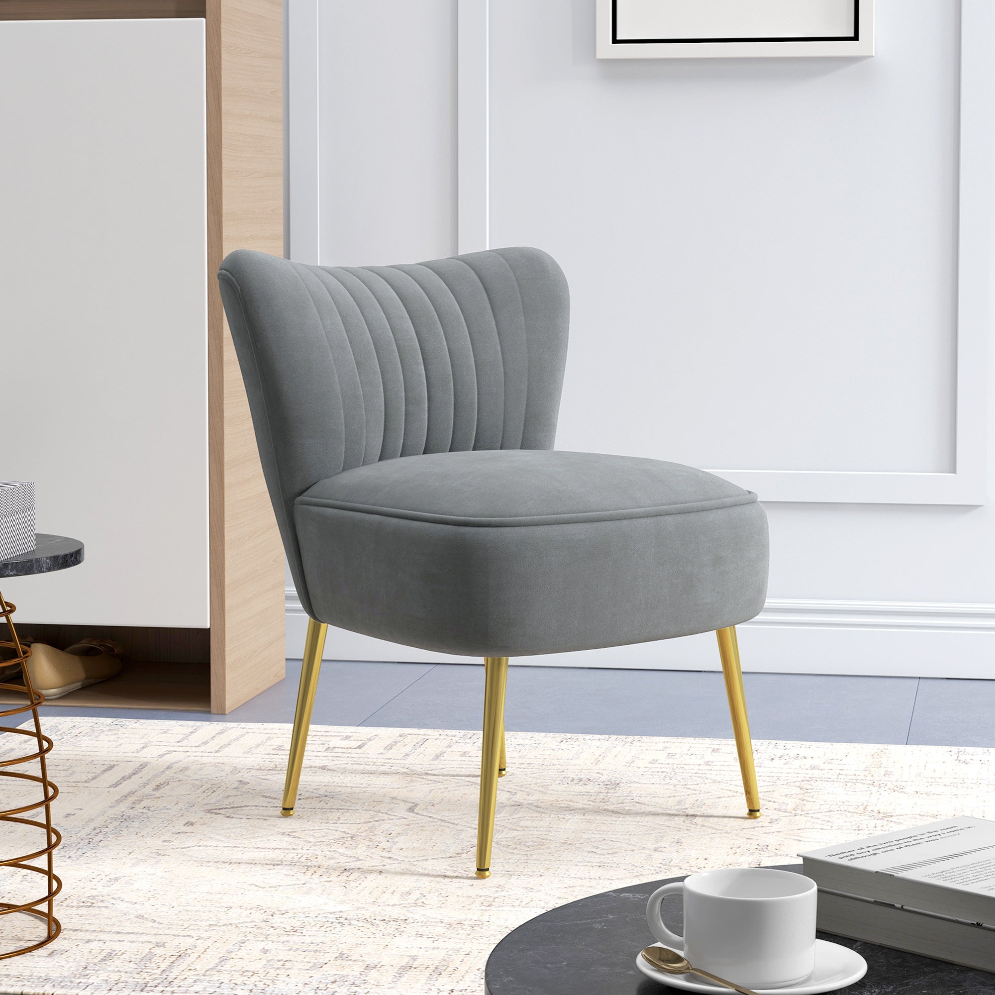 HOMCOM Velvet-Feel Tub Accent Chair - Grey - North Peak Garden Furniture