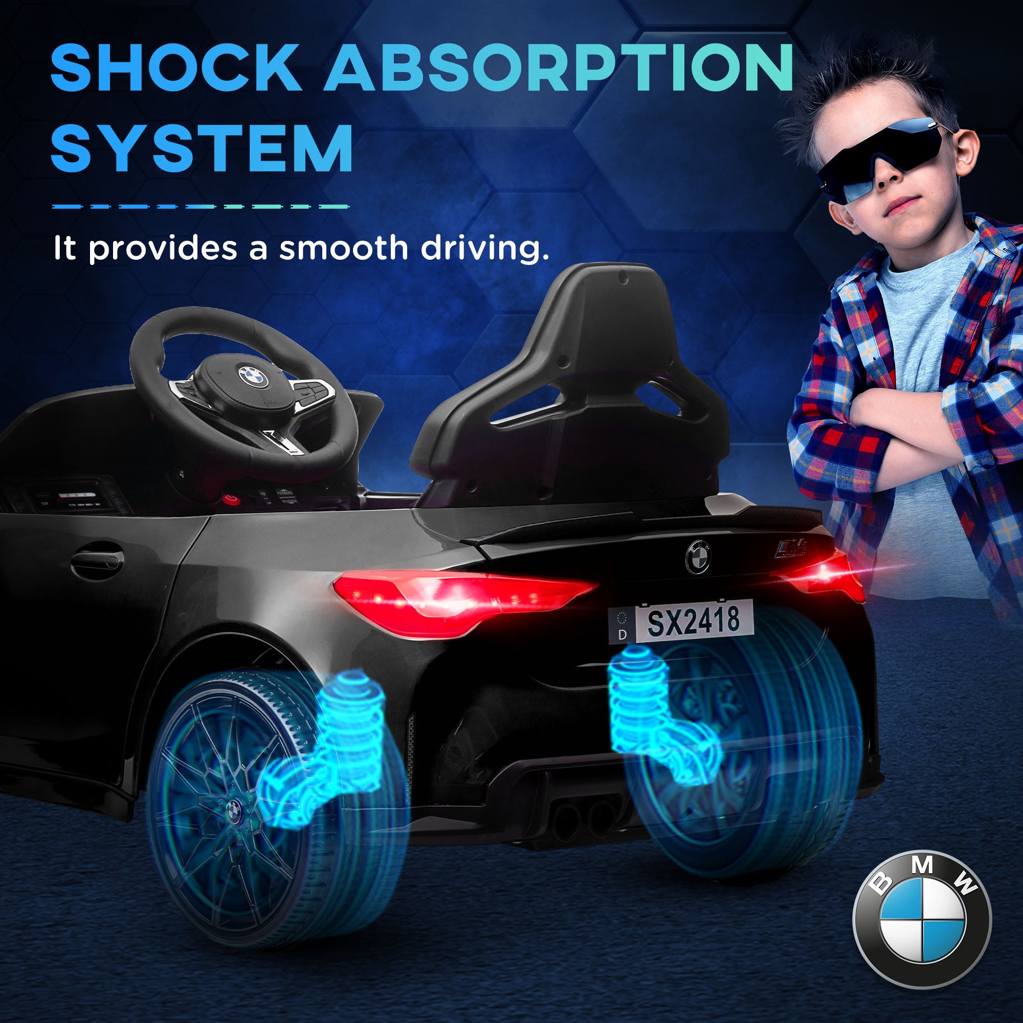 AIYAPLAY 12V BMW Licensed Kids Car, with Easy Transport, Remote Control, Suspension, Music, Horn, LED Lights, Black