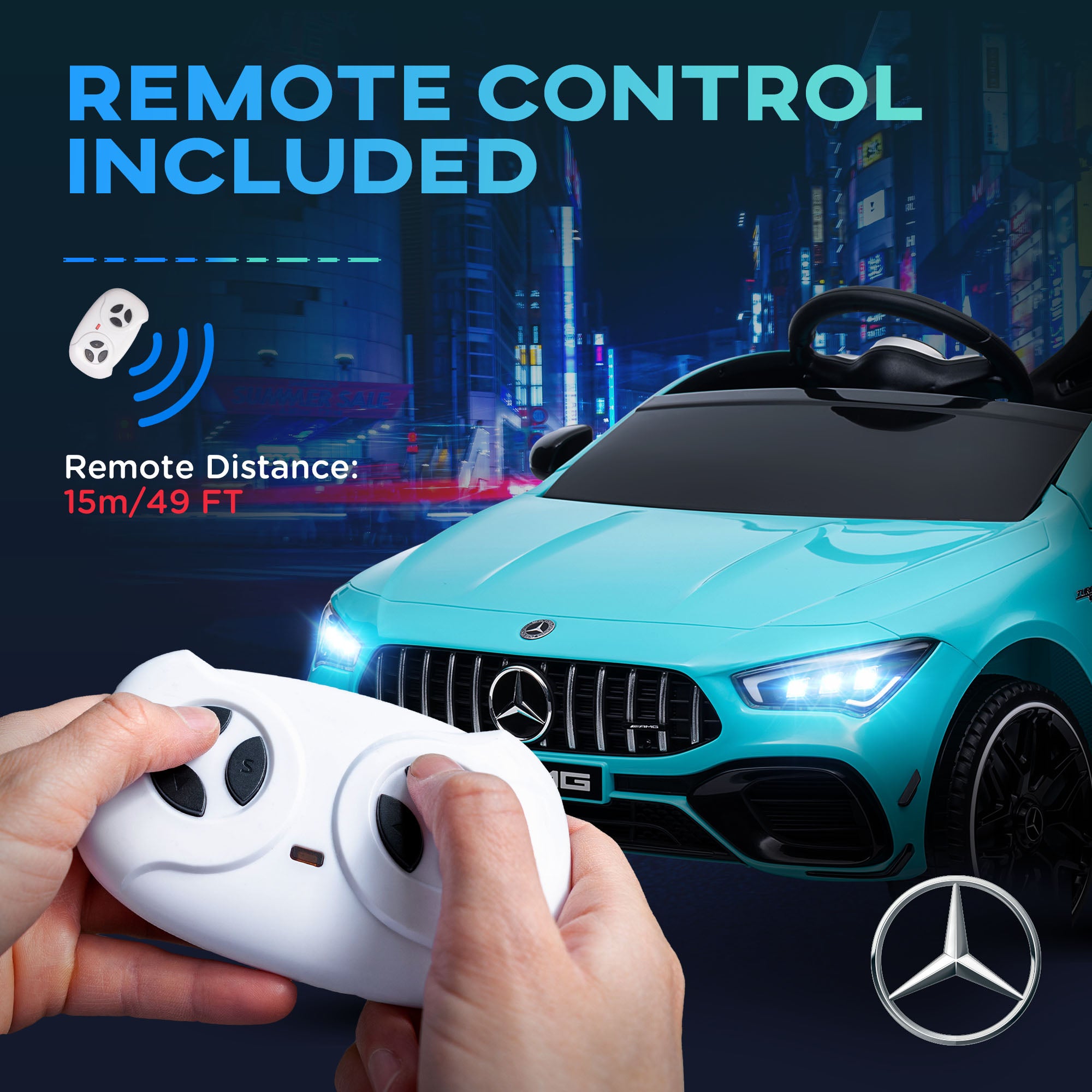 AIYAPLAY Mercedes-AMG CLA 45 Licensed 12V Kids Electric Car Ride on Car w/ Remote, Suspension Lights Music Horn - Light Blue - North Peak Garden Furniture