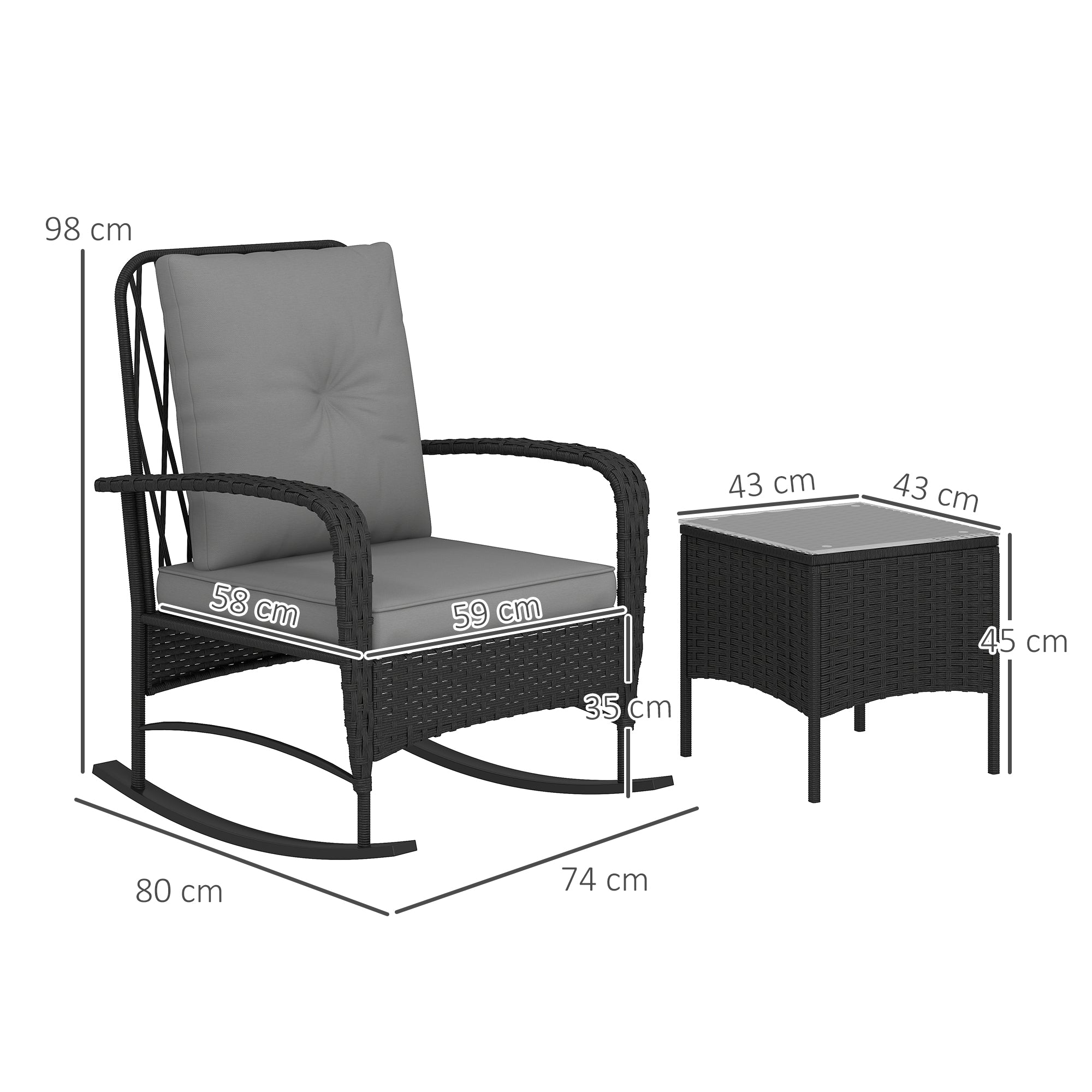 Outsunny Three-Piece Rocking Chair Rattan Bistro Set - Black - North Peak Garden Furniture