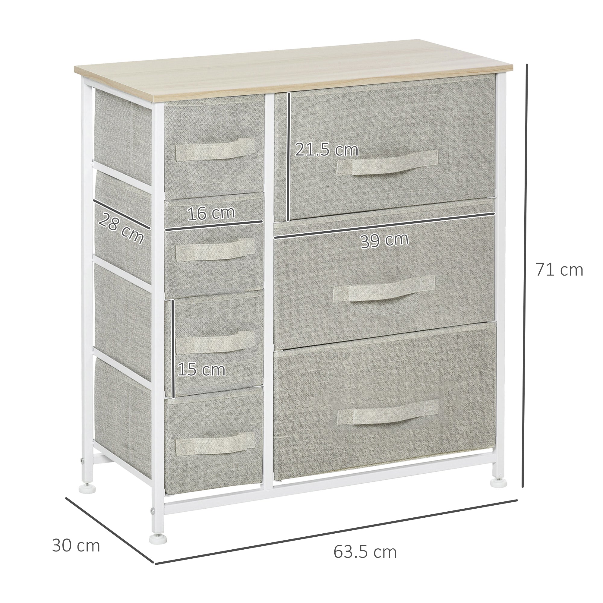 HOMCOM Vertical 7 Linen Drawers Cabinet Organizer Storage Dresser Tower with Metal Frame Adjustable Feet for Living Room, Bathroom, Kitchen, White, Oak and Light Grey - North Peak Garden Furniture
