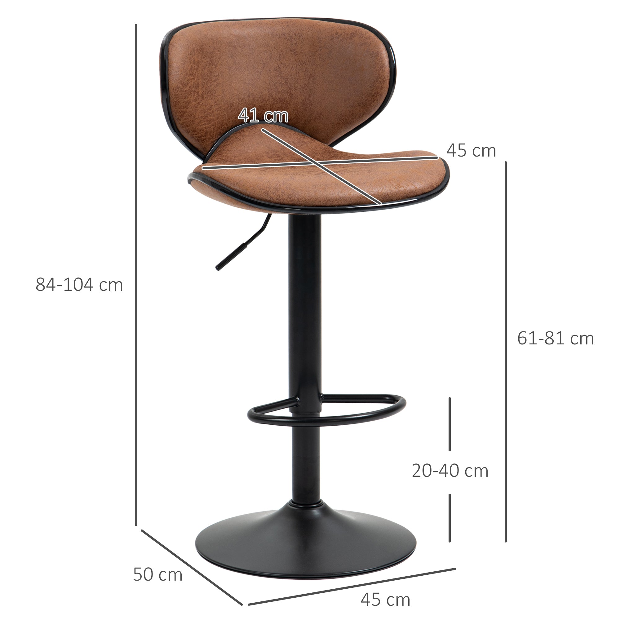 HOMCOM Bar Stool Set of 2 Microfiber Cloth Adjustable Height Armless Chairs with Swivel Seat, Brown - North Peak Garden Furniture