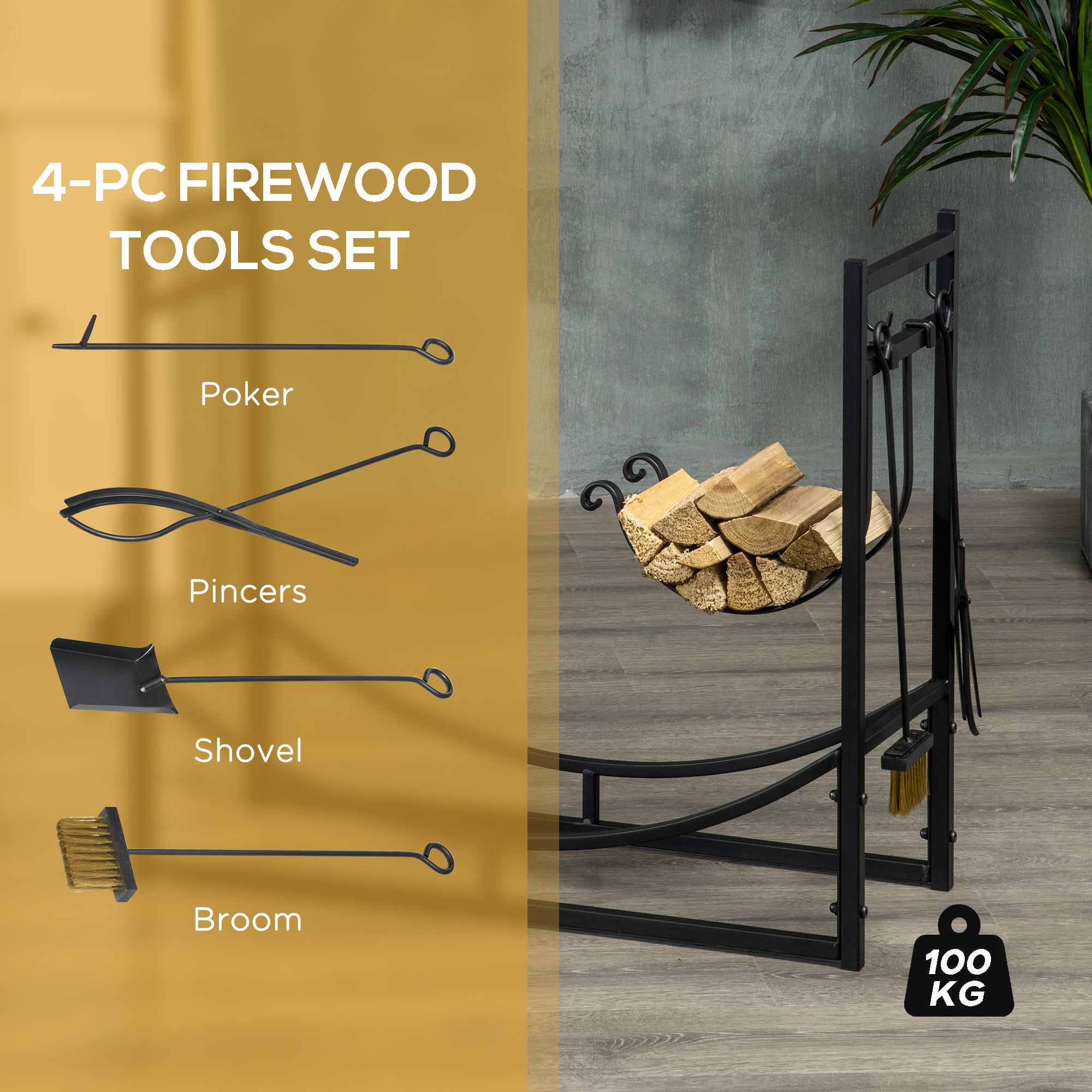 Outsunny Metal Firewood Log Holder Indoor Outdoor Firewood Rack Fireplace 2 Tier Wood Storage Shelf with 4 Tools, Hooks, Scrolls, Black, 84W x 33D x 76H cm - North Peak Garden Furniture