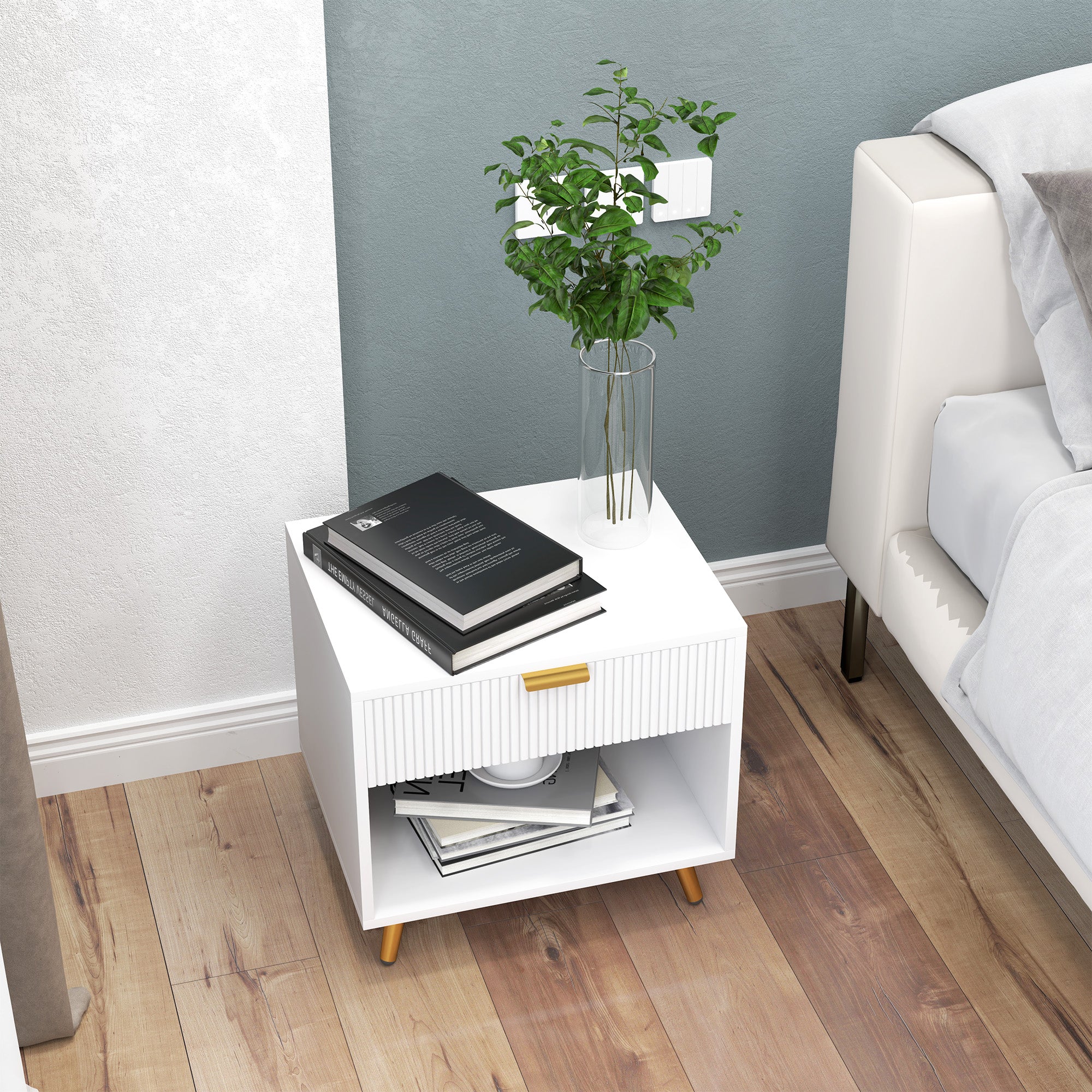 HOMCOM Elegant Bedside Table, with Drawer and Shelf - White/Gold Tone - North Peak Garden Furniture