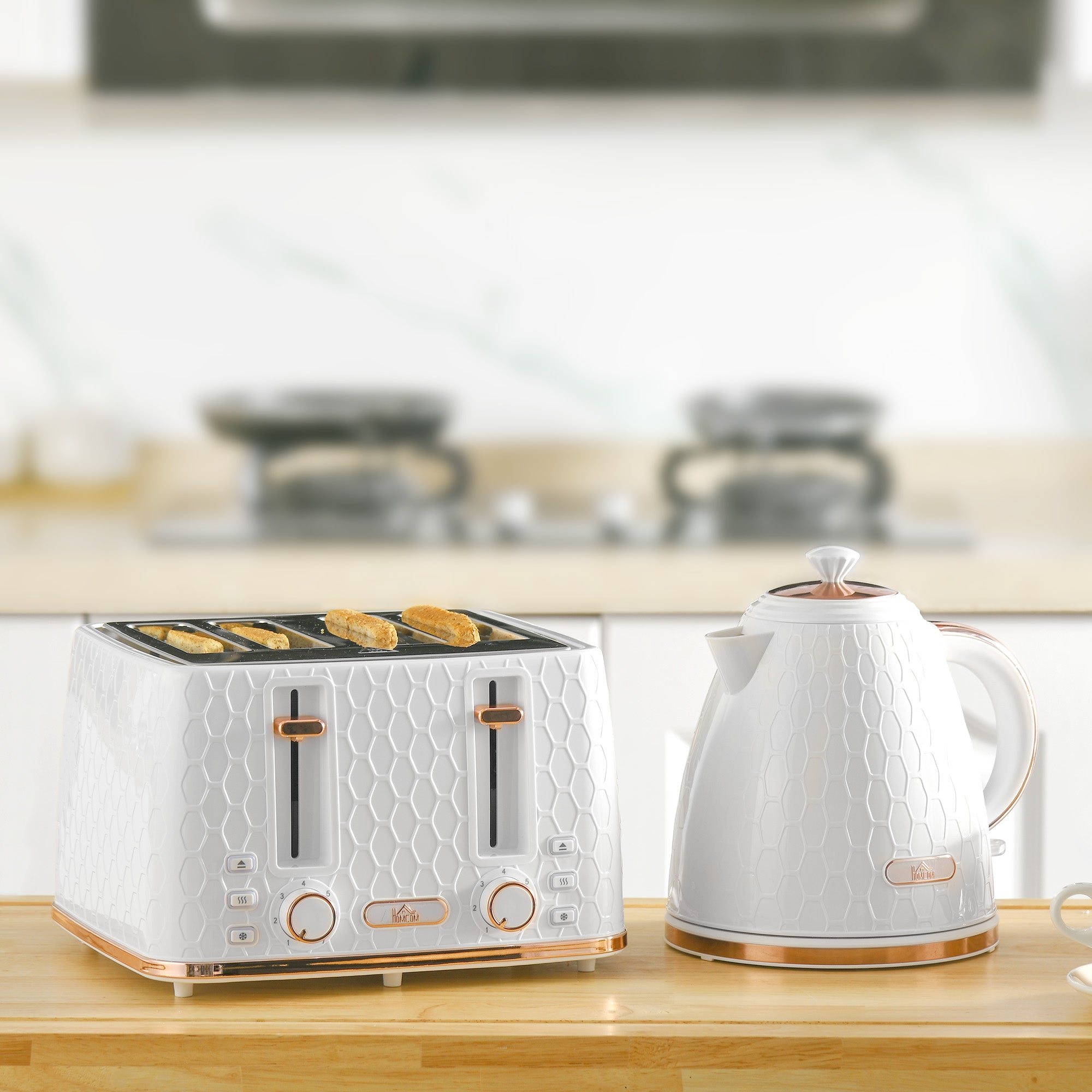HOMCOM 1.7L 3000W Fast Boil Kettle & 4 Slice Toaster Set, Kettle and Toaster Set with 7 Browning Controls, Crumb Tray, White - North Peak Garden Furniture