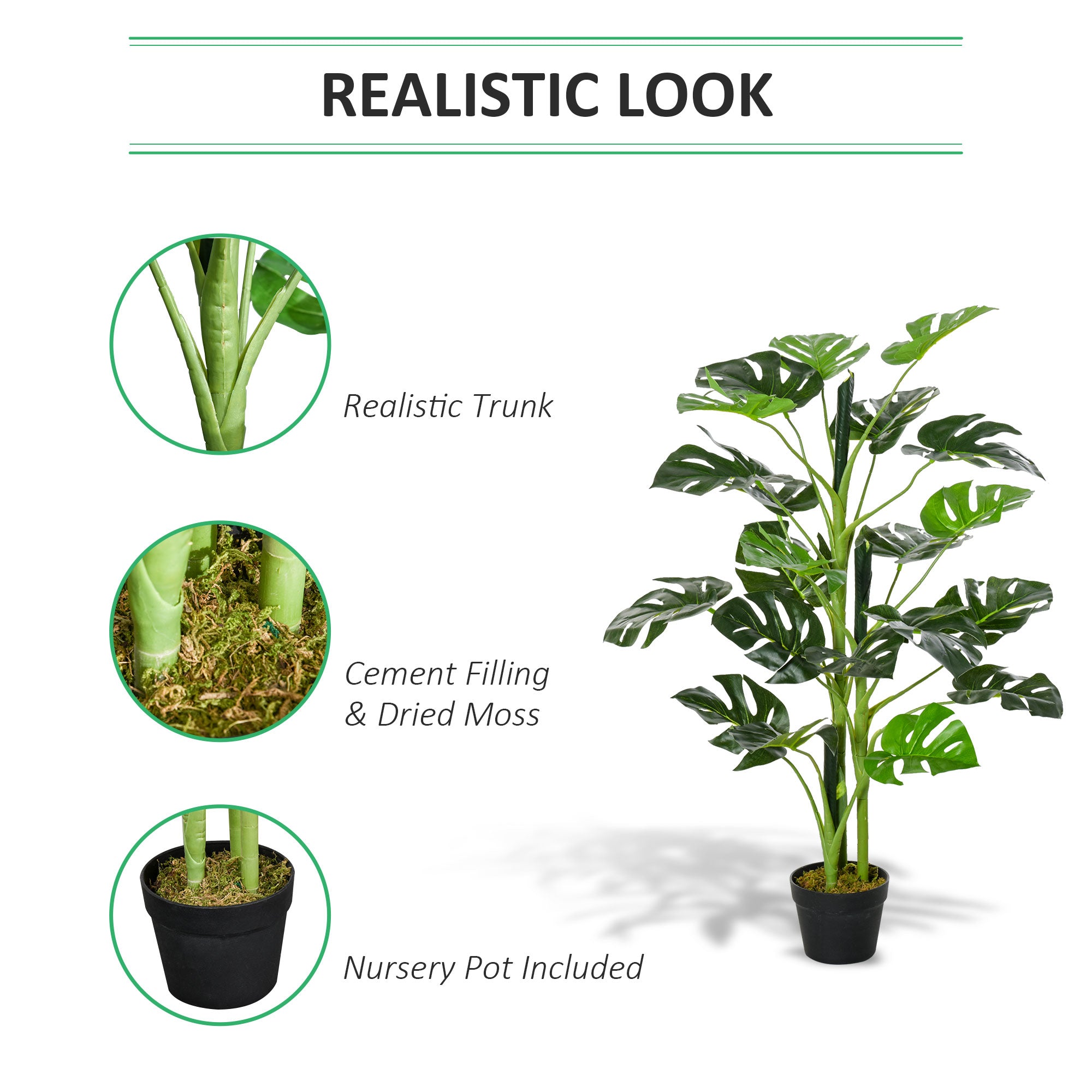 Outsunny 100cm/3.3FT Artificial Monstera Tree Decorative Cheese Plant 21 Leaves with Nursery Pot, Fake Tropical Palm Tree for Indoor Outdoor Décor - North Peak Garden Furniture