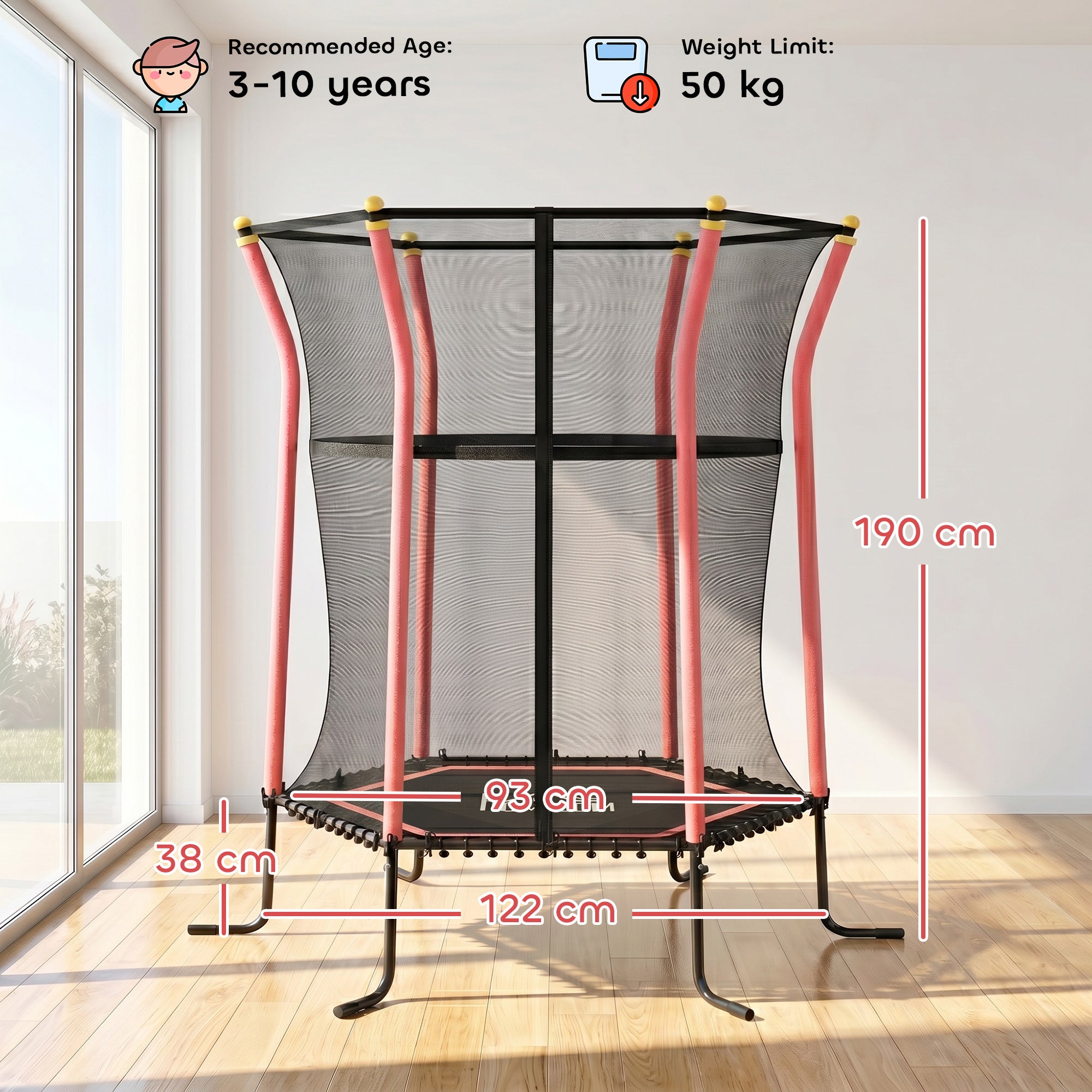 HOMCOM Kids Trampoline Mini Bouncer with Enclosure Safety Net For Ages 3-10 Years - Red