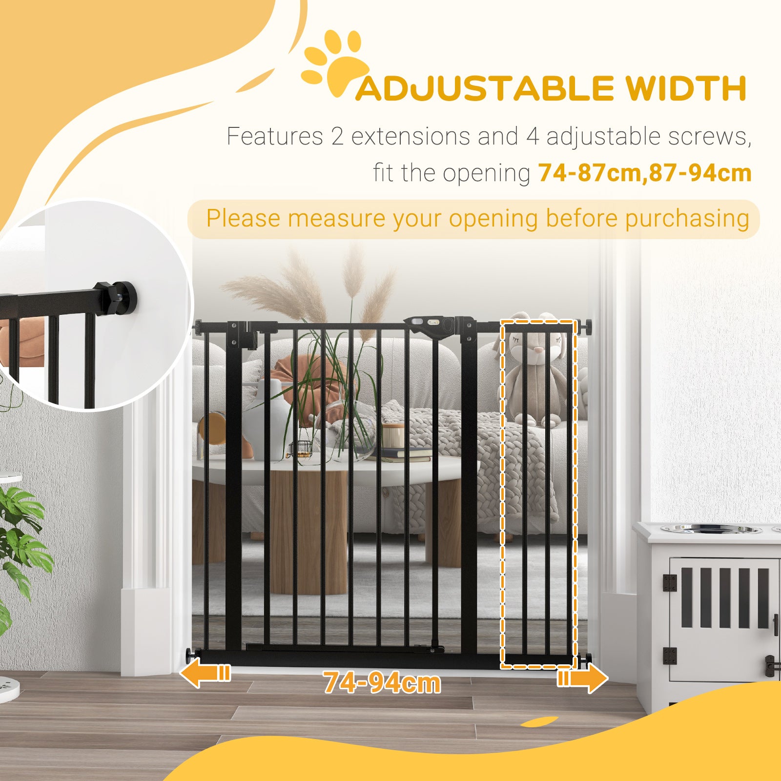 PawHut Metal 74-94cm Wide Adjustable Dog Gate Black - North Peak Garden Furniture