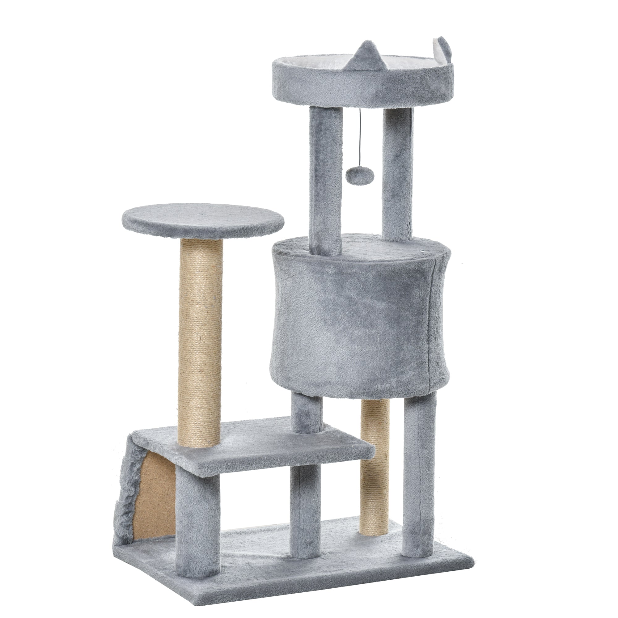 PawHut 100 cm Cat Tree, Cat Condo Tree Tower for Indoor Cats, Cat Activity Centre with Scratching Posts, Plush Perch, Ladder, Hanging Ball - Light Grey - North Peak Garden Furniture