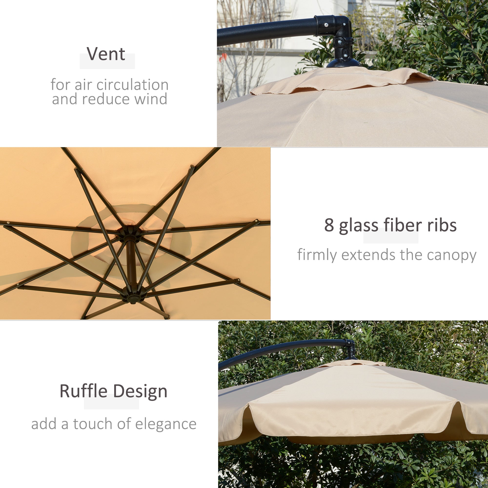 Outsunny 2.7m Cantilever Parasol Banana Sun Umbrella with Crank Handle and Cross Base for Outdoor Hanging Sun Shade Light Brown - North Peak Garden Furniture