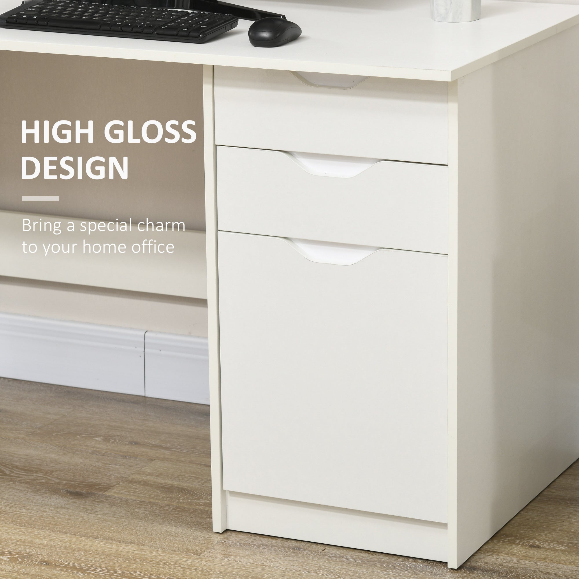 HOMCOM Computer Desk with Drawers, High Gloss Home Office Desk with Storage Cabinet, Study Workstation, 120 x 60cm, White - North Peak Garden Furniture