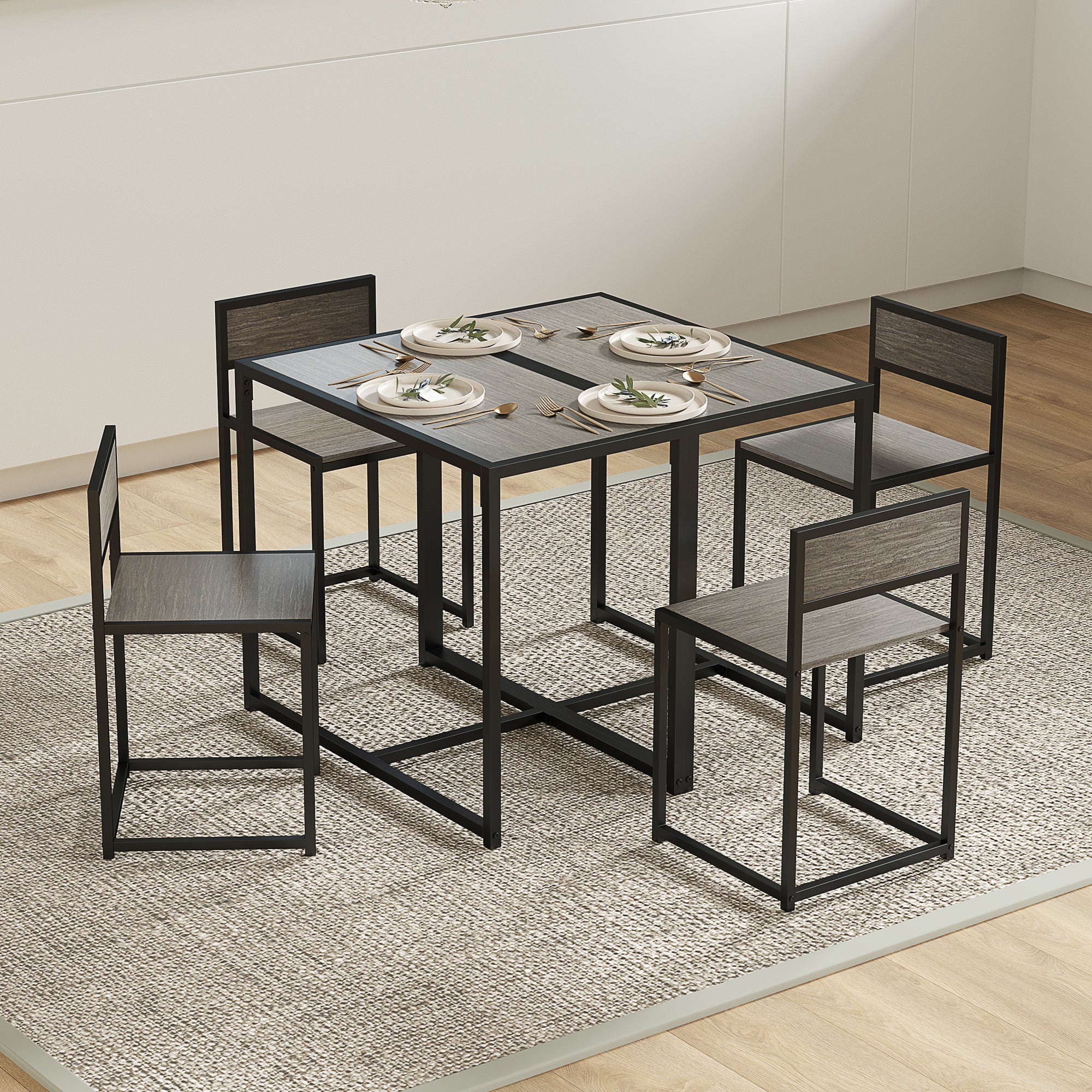 HOMCOM Dining Table and Chairs Set 2, Dining Room Sets, Rectangular Space Saving Table and 2 Chairs for Compact Kitchens, Steel Frame, Grey Wood-Effect - North Peak Garden Furniture