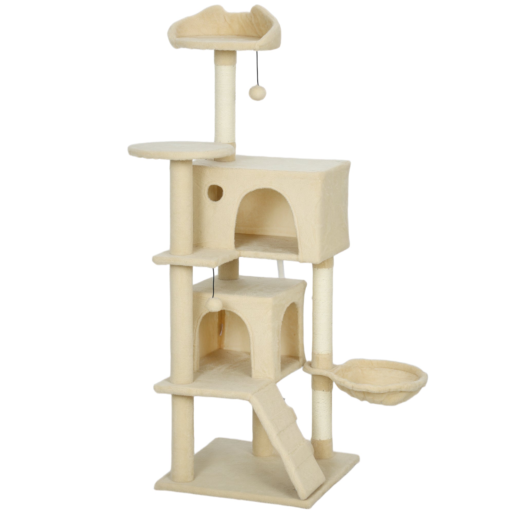 PawHut 140cm Large Cat Tree Tower with Sisal Scratching Posts, Condos, Plush Perches, Hammock, Ladder, Beige
