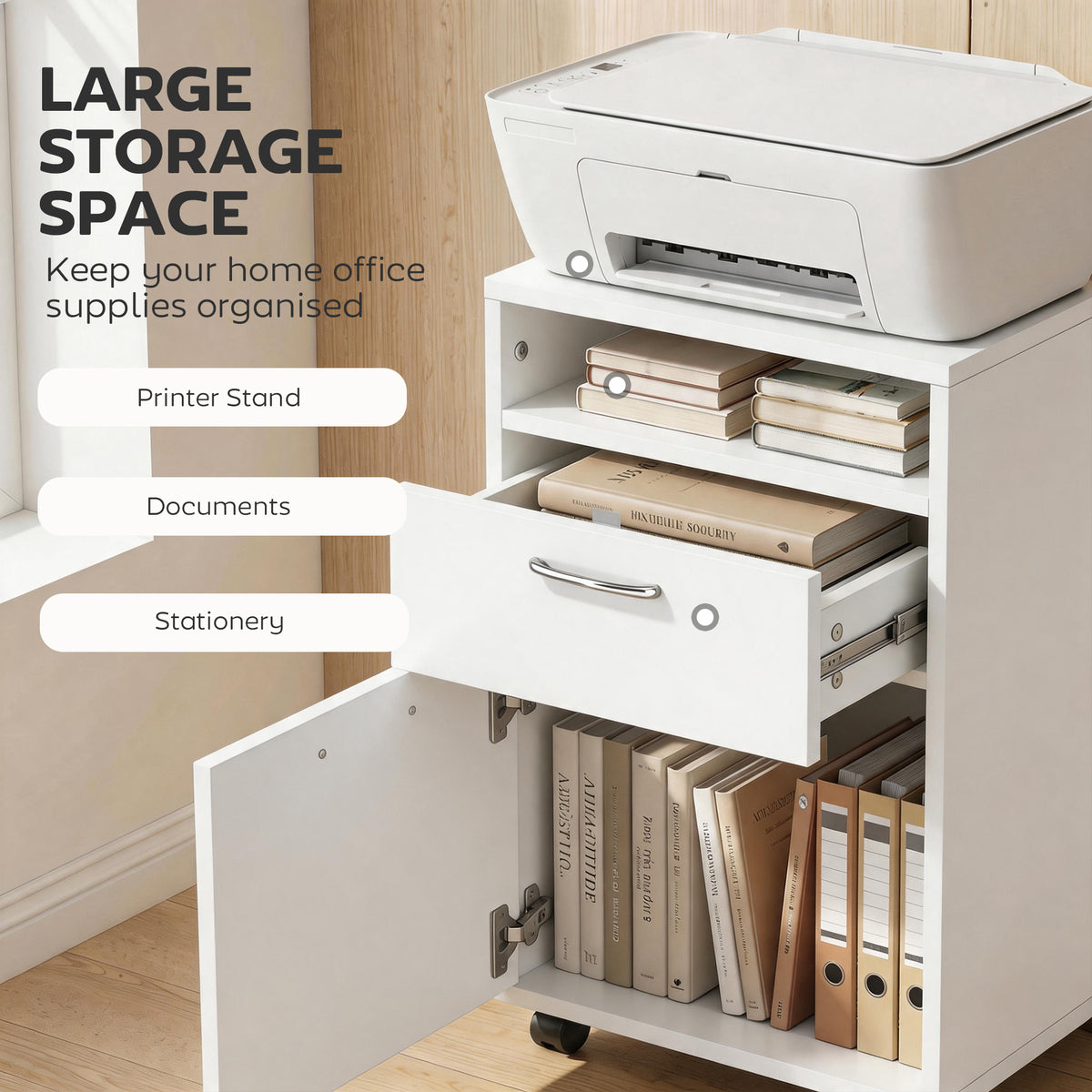 HOMCOM 60cm Storage Cabinet with Drawer, Open Shelf, Metal Handles and 4 Wheels, Office Home Organiser Mobile Printer, White