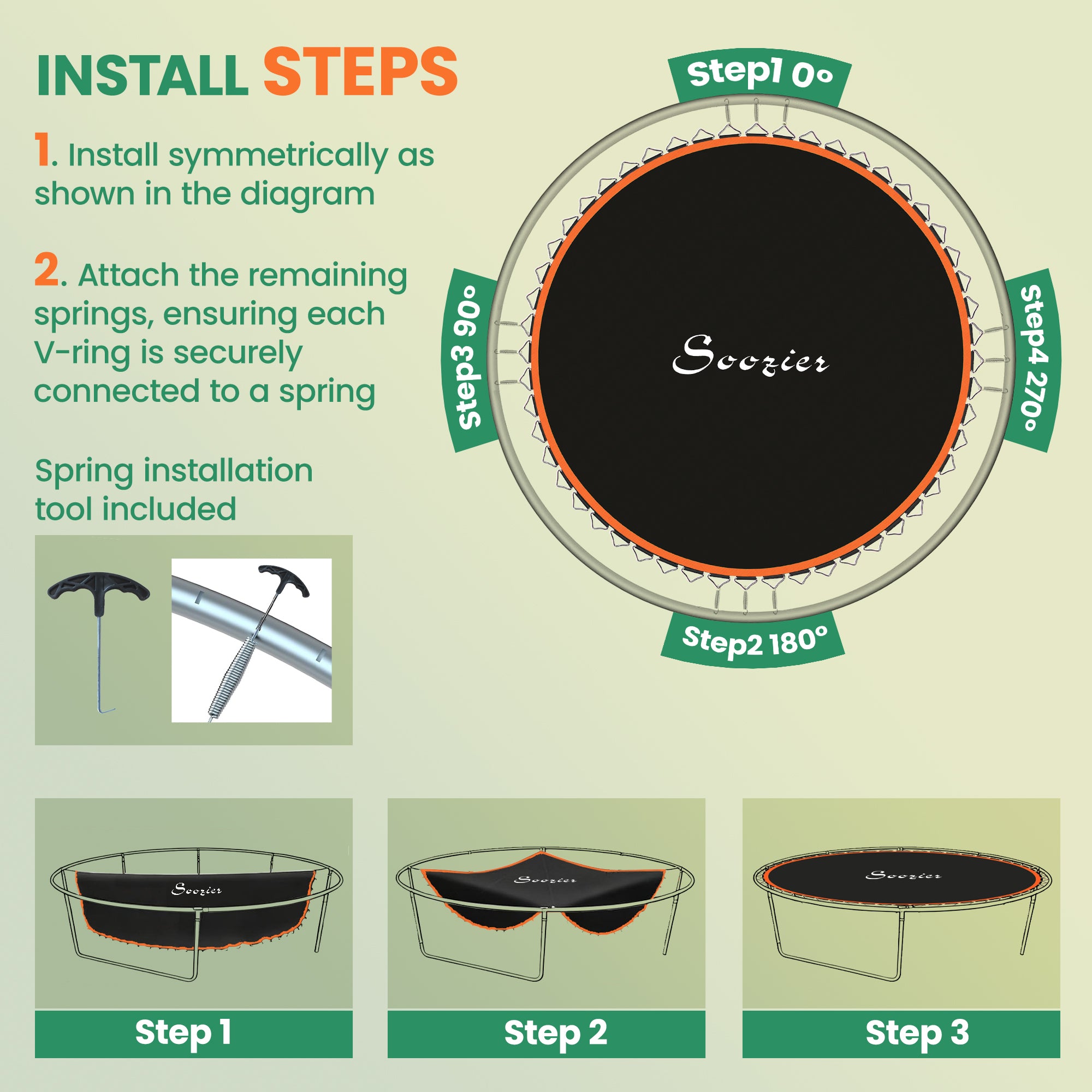 SPORTNOW Replacement Trampoline Mat with Spring Pull Tool, 72 V-Hooks, for 12ft Trampoline using 14cm Springs, Orange