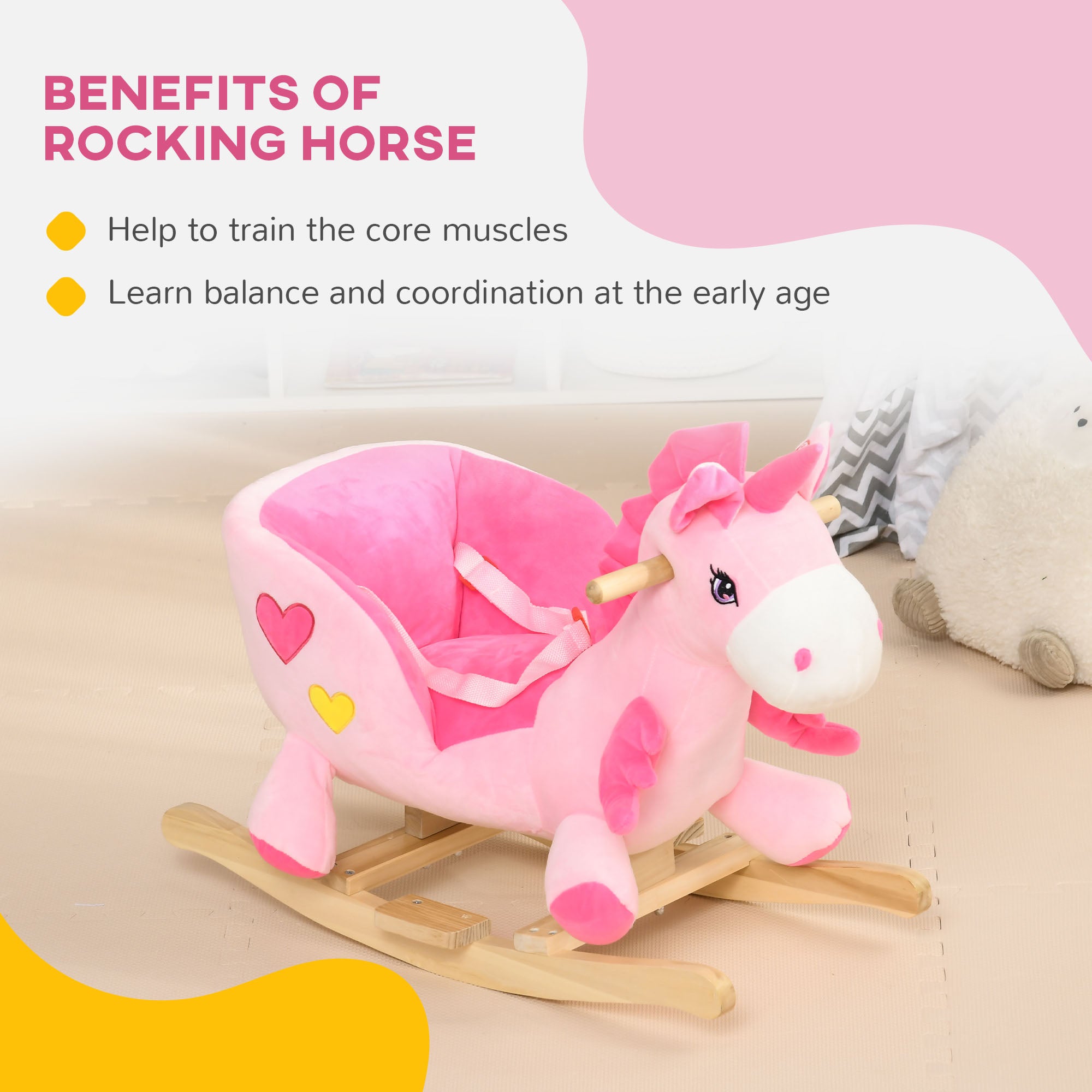 HOMCOM Kids Rocking Horse Ride on Unicorn with Songs, Wooden Base, Seatbelt, for Ages 18-36 Months, Pink - North Peak Garden Furniture