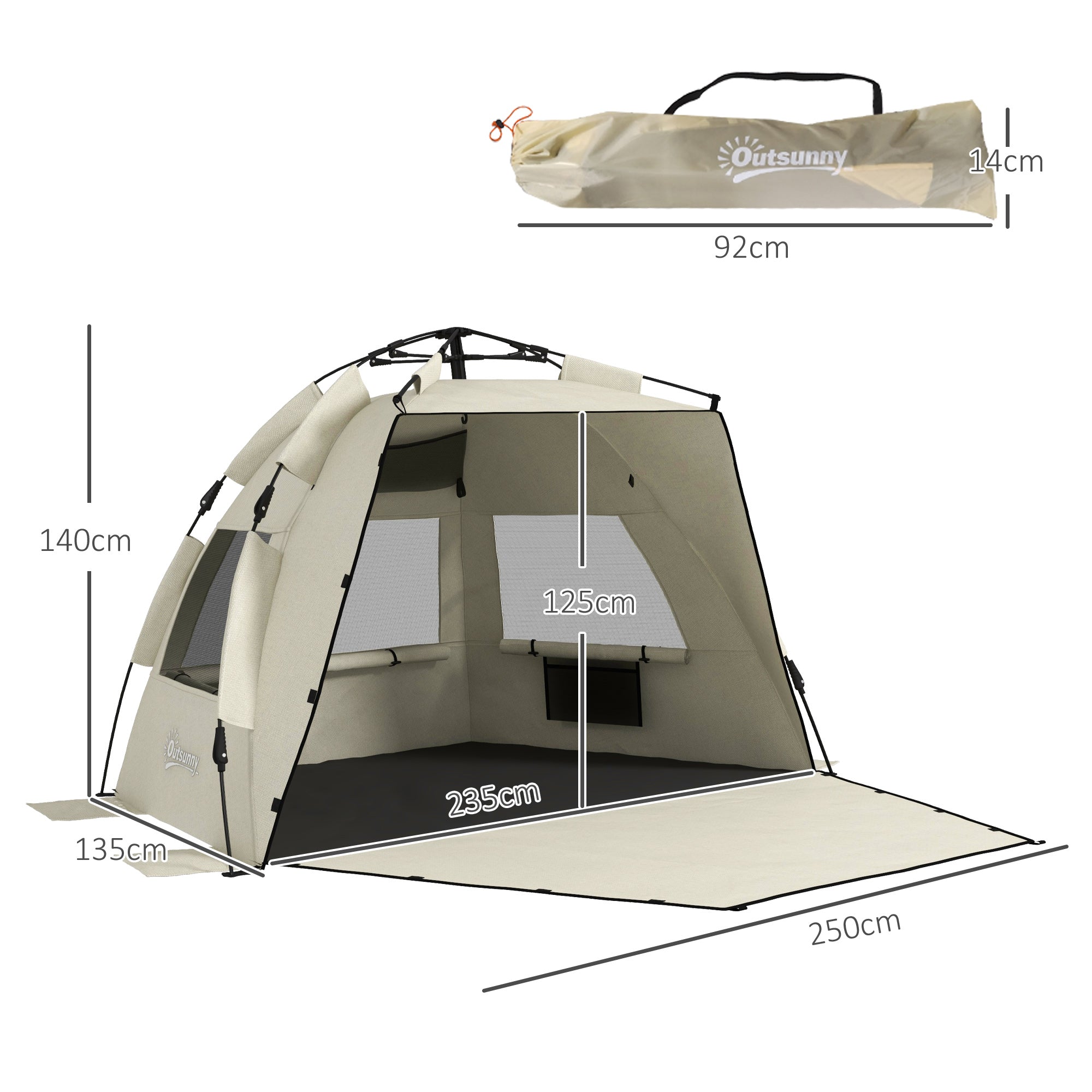 Outsunny 2-3 Person Pop Up Beach Tent, UPF15+ Sun Shelter with Extended Floor, Sandbags, Mesh Windows and Carry Bag, Khaki | Aosom UK