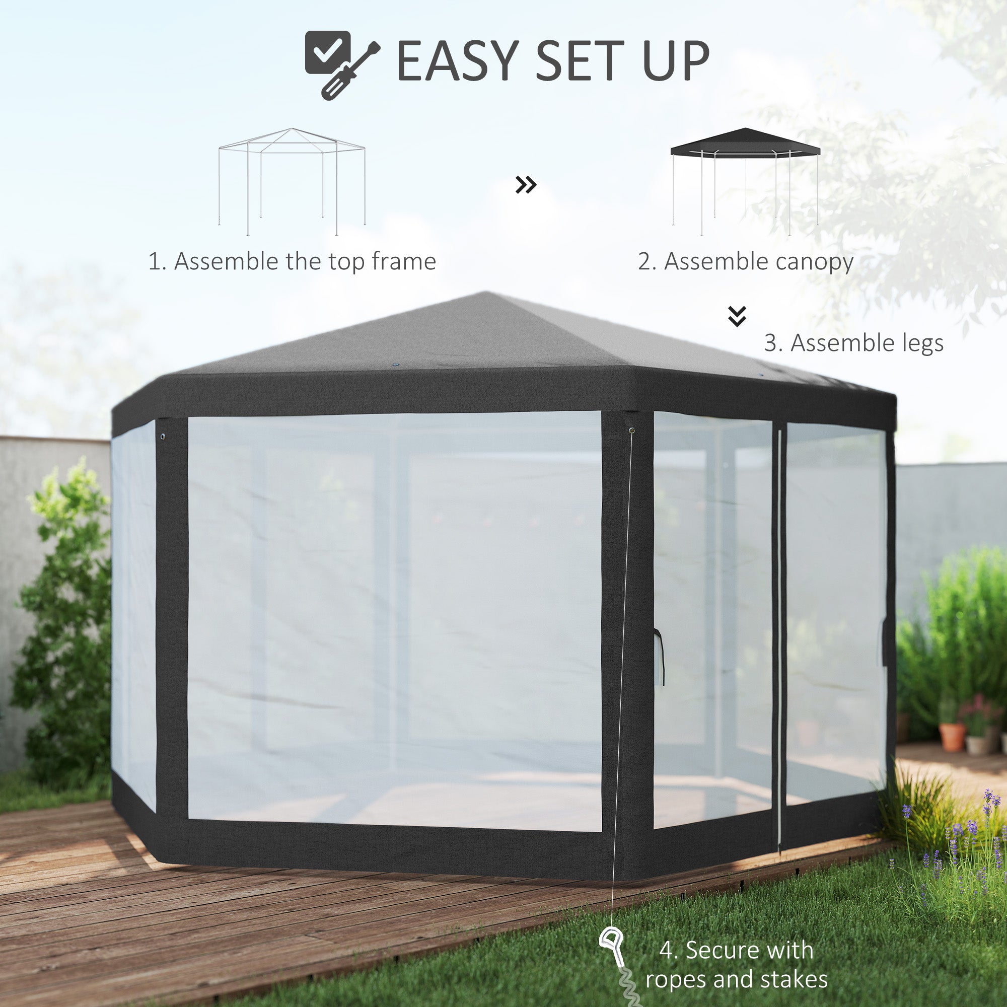 Outsunny 4M Hexagon Gazebo, Netting Party Tent, Patio Canopy Outdoor Event Shelter for Activities, Shade Resistant, Dark Grey