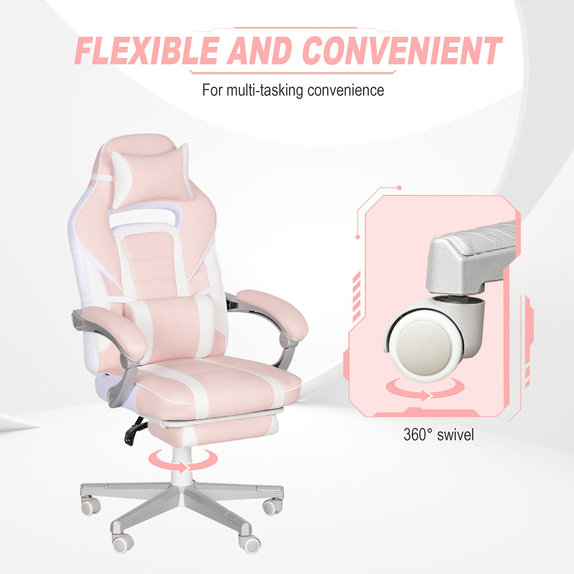 HOMCOM Faux Leather Reclining Gaming Chair, with Footrest - Pink/White - North Peak Garden Furniture