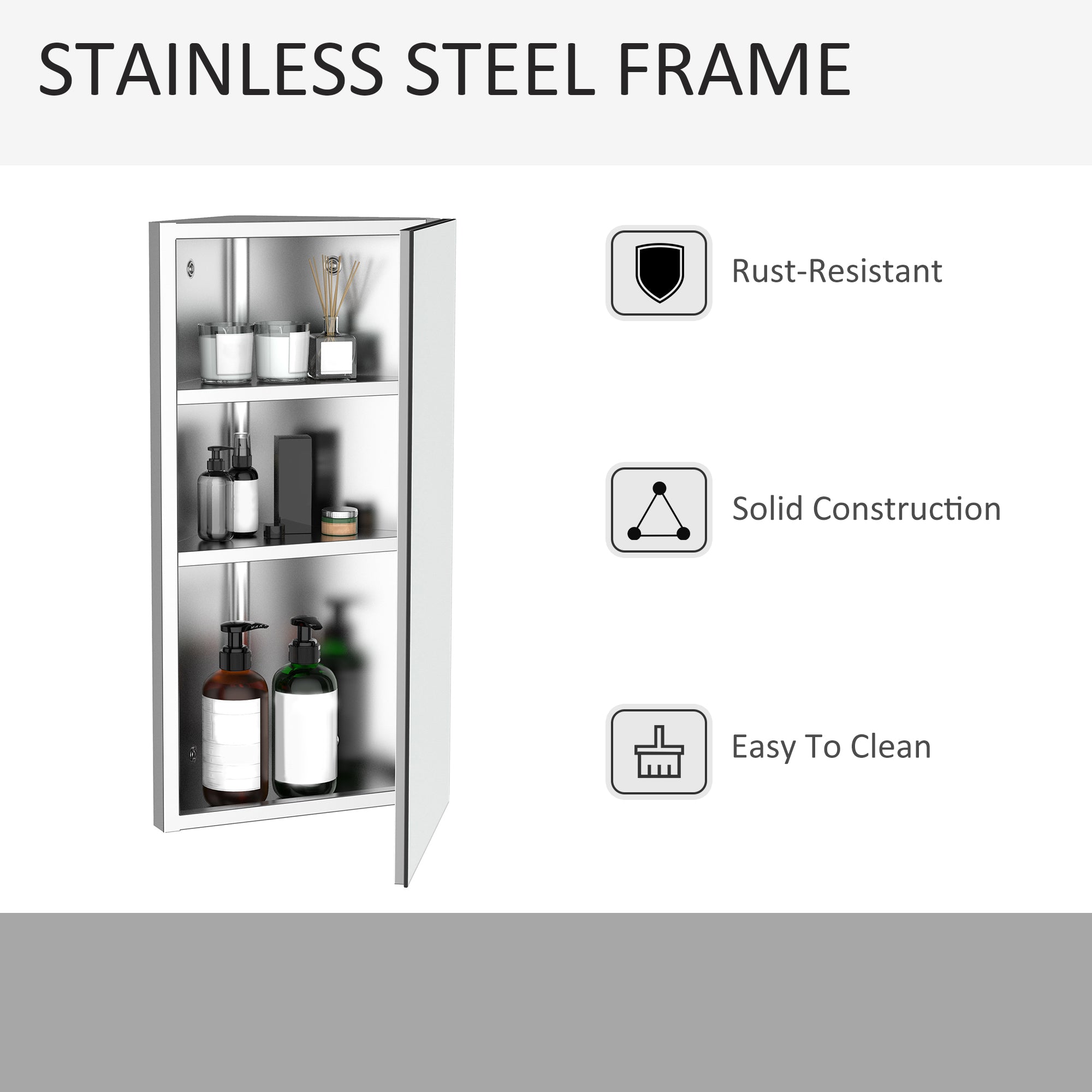 HOMCOM Stainless Steel Wall mounted Bathroom Corner Mirror Storage Cabinet Single Door 300mm (W)