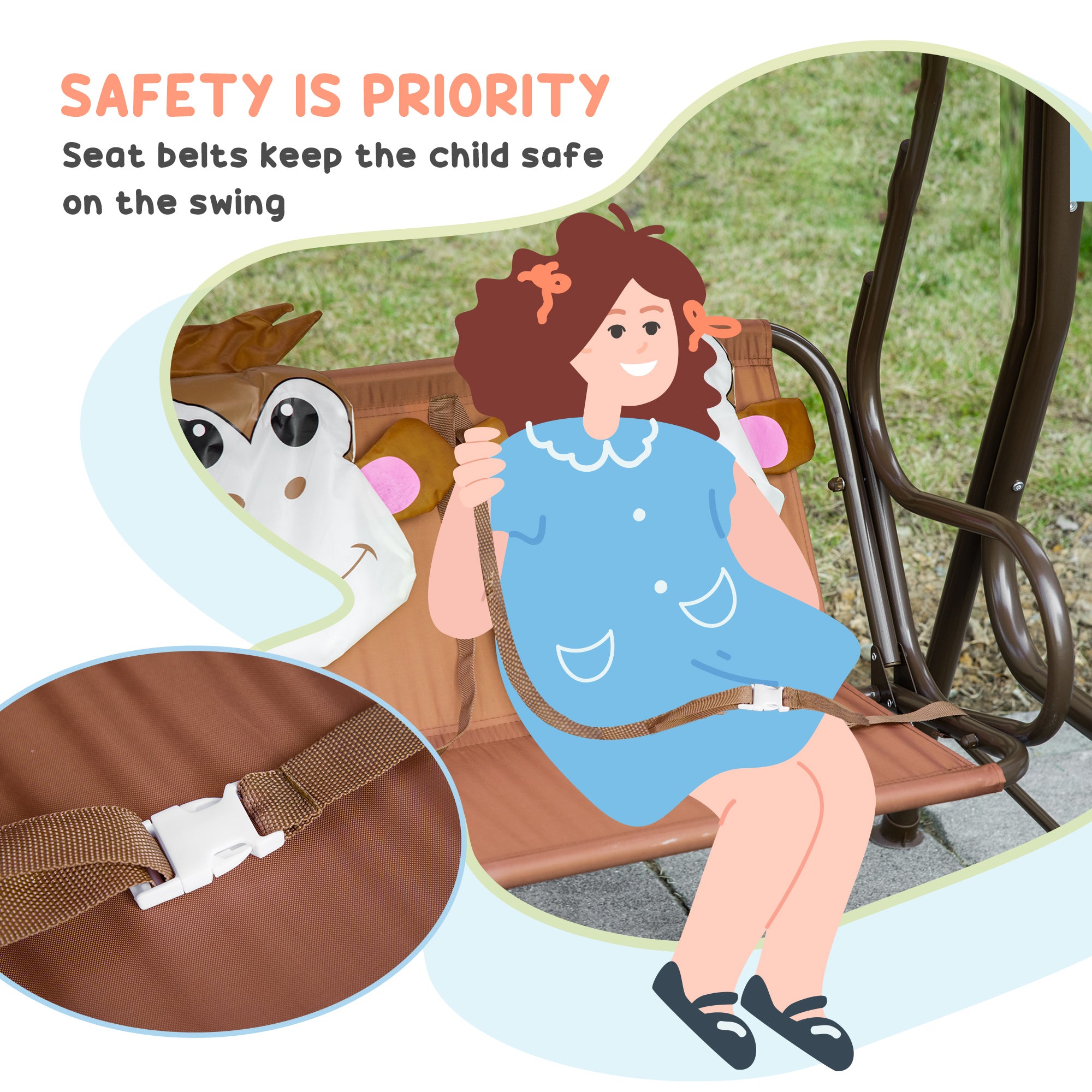 Outsunny 2 Seater Kids Garden Swing Seat, Children Outdoor Patio Lounge Chair for Gardens w/ Adjustable Awning, Seatbelt, Monkey Pattern - Brown - North Peak Garden Furniture