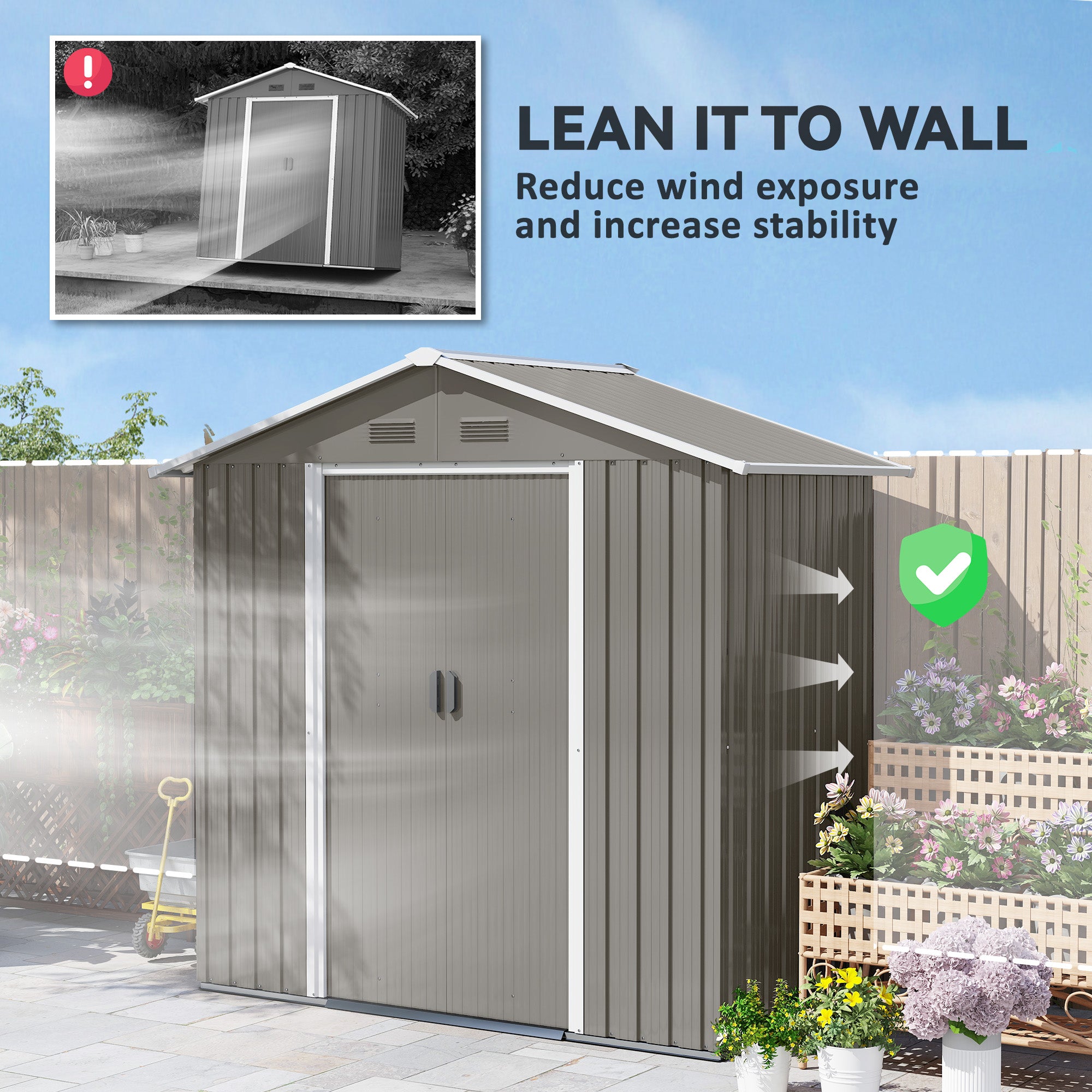Outsunny 6.5ft x 3.5ft Metal Garden Storage Shed for Outdoor Tool Storage with Double Sliding Doors and 4 Vents, Grey - North Peak Garden Furniture