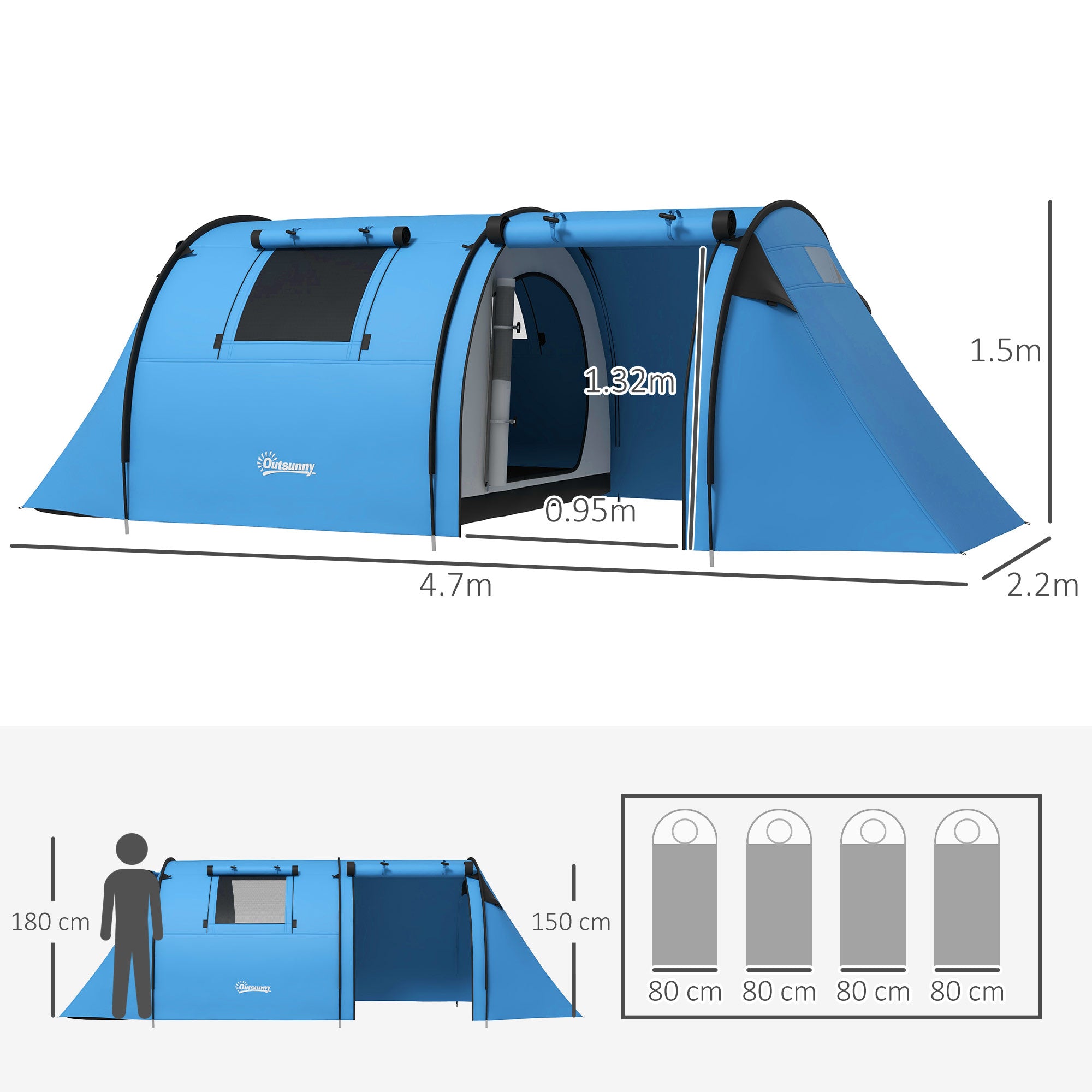 Outsunny Four Man Duo Room Tunnel Tent, with Accessories - Sky Blue - North Peak Garden Furniture
