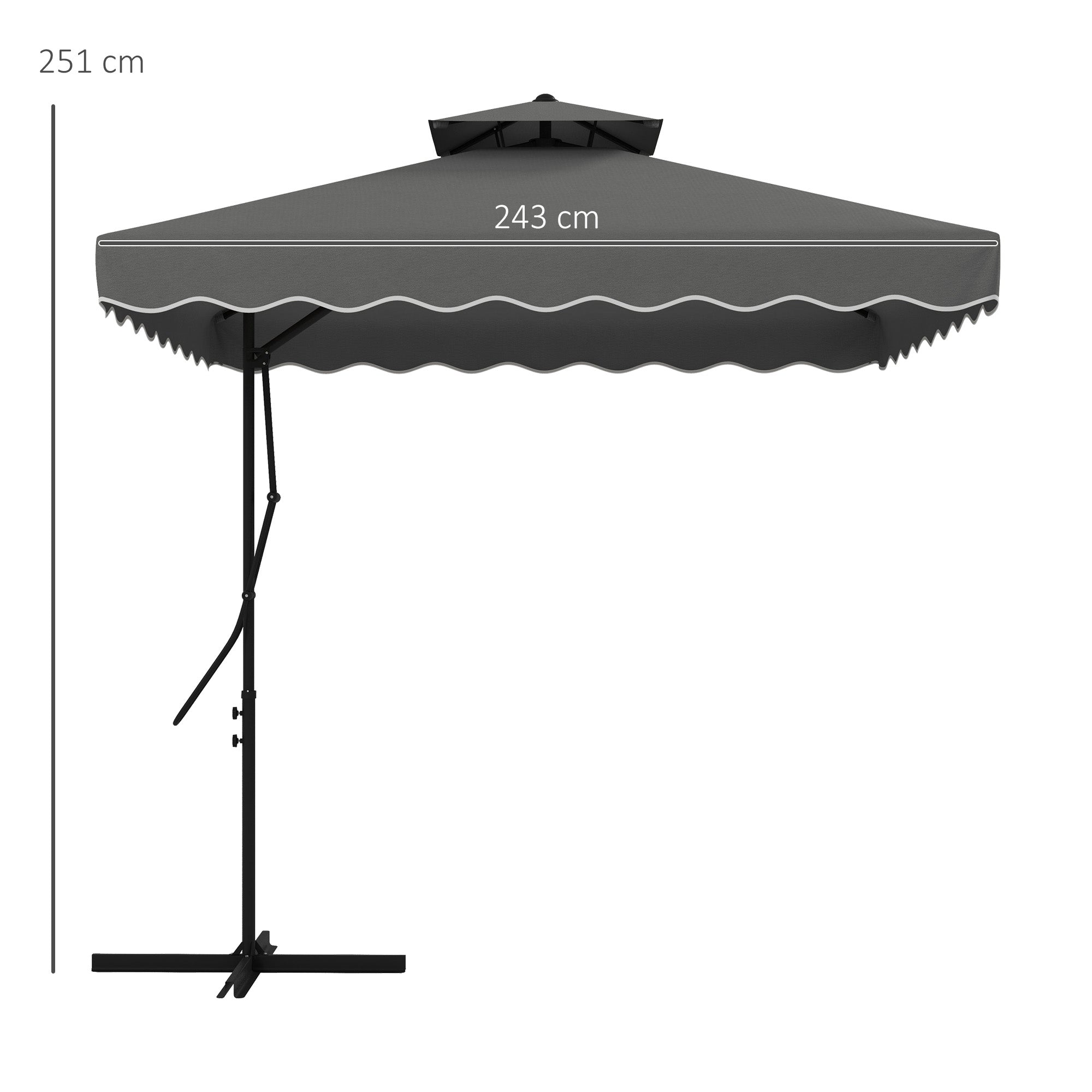 Outsunny 2.5m Square Double Top Garden Parasol Cantilever Umbrella with Ruffles, Dark Grey - North Peak Garden Furniture