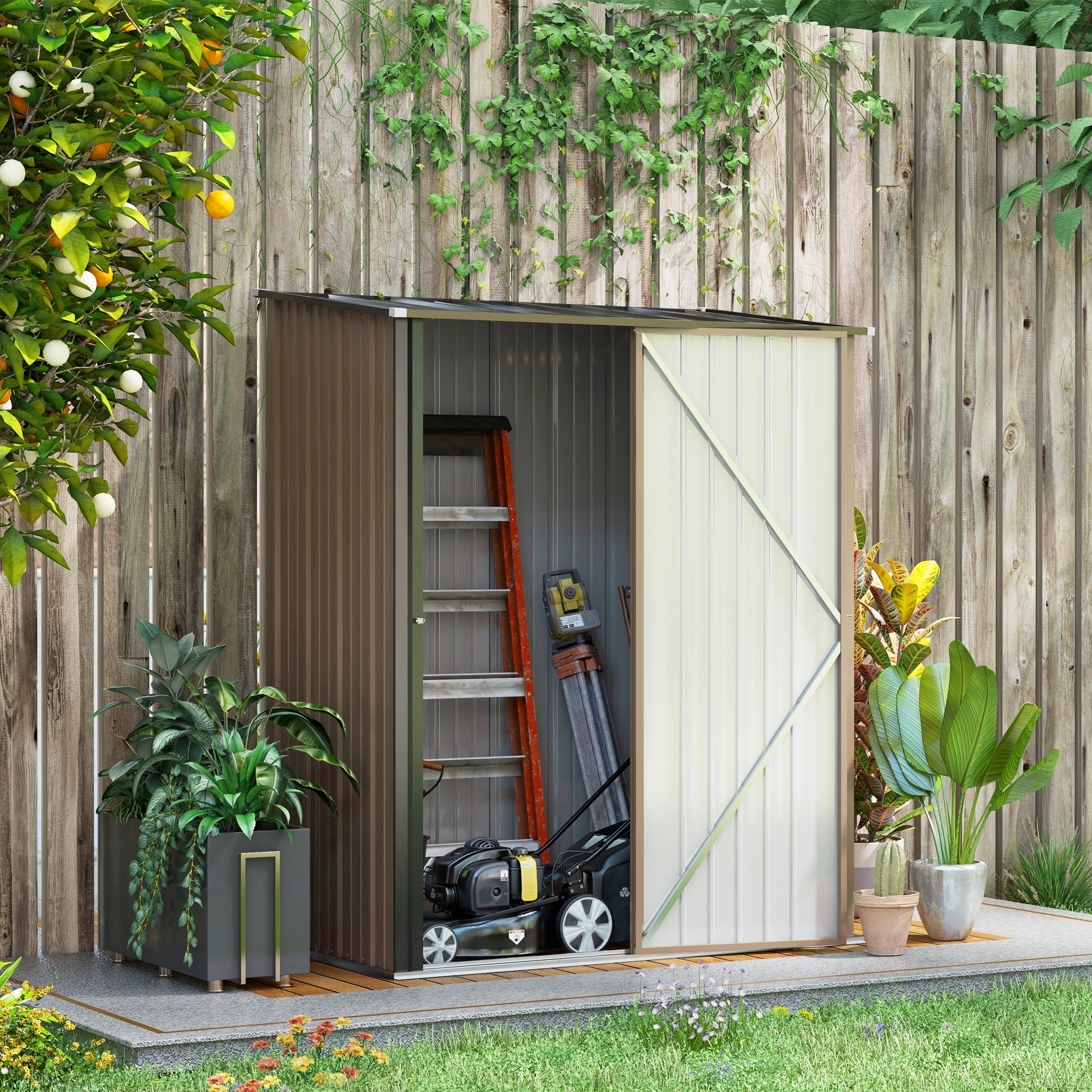 Outsunny Outdoor Storage Shed, Garden Metal Storage Shed w/ Single Door for Garden, Patio, 5.3ft x 3.1ft, Brown - North Peak Garden Furniture