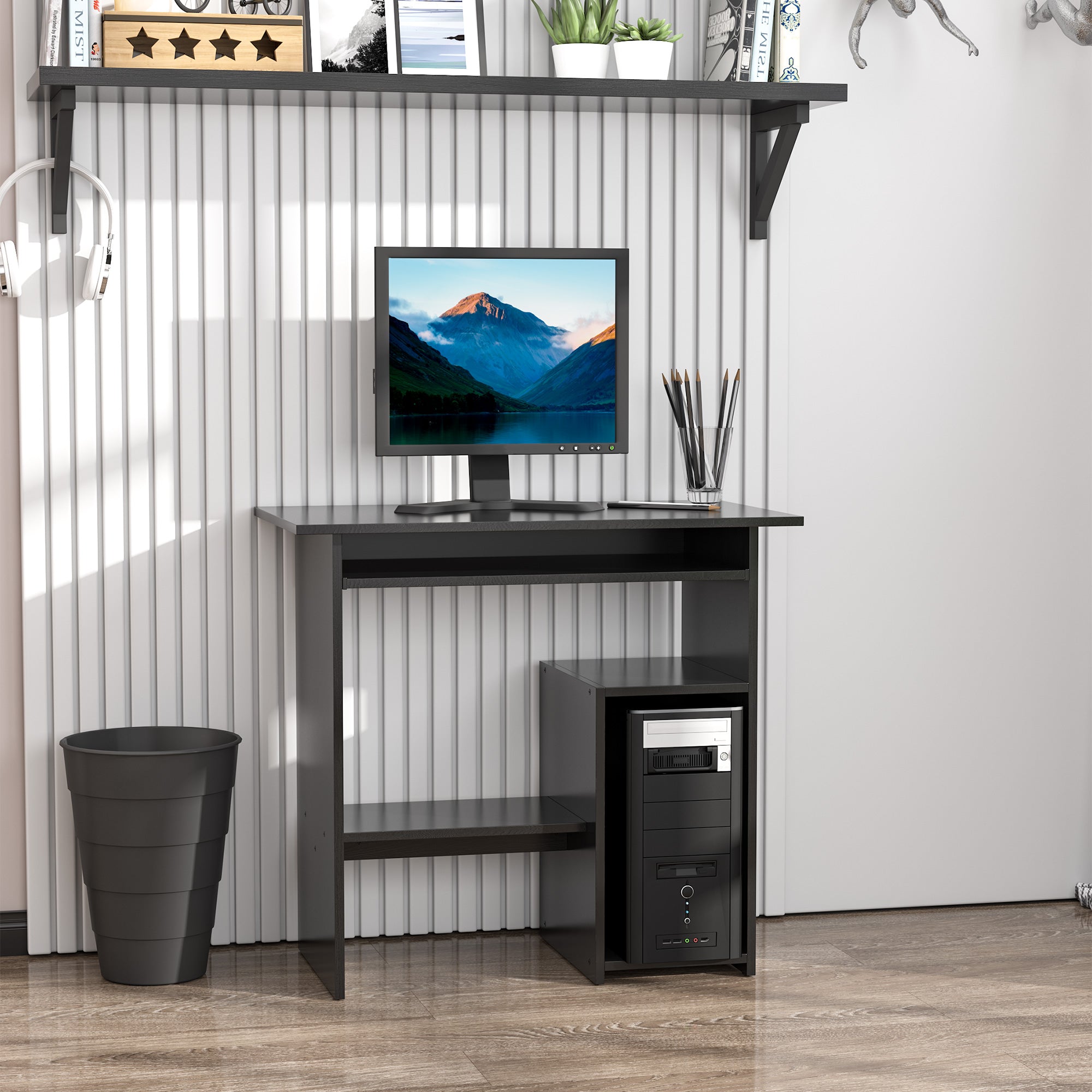 HOMCOM Compact Small Computer Table Wooden Desk Keyboard Tray Storage Shelf Modern Corner Table Home Office Black - North Peak Garden Furniture