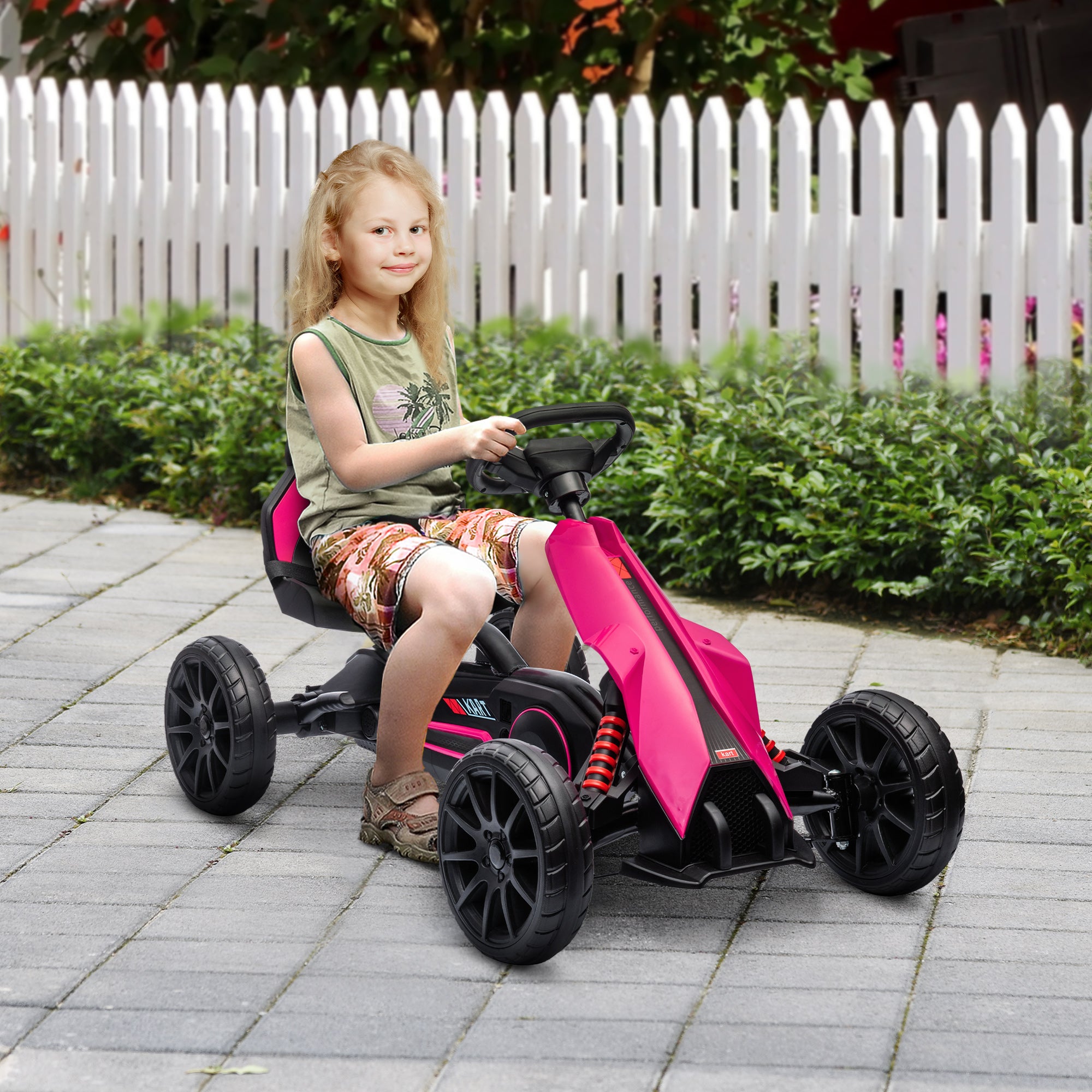 HOMCOM Kids Pedal Go Kart, with Adjustable Seat, EVA Wheels, Seat, Handbrake - Pink - North Peak Garden Furniture