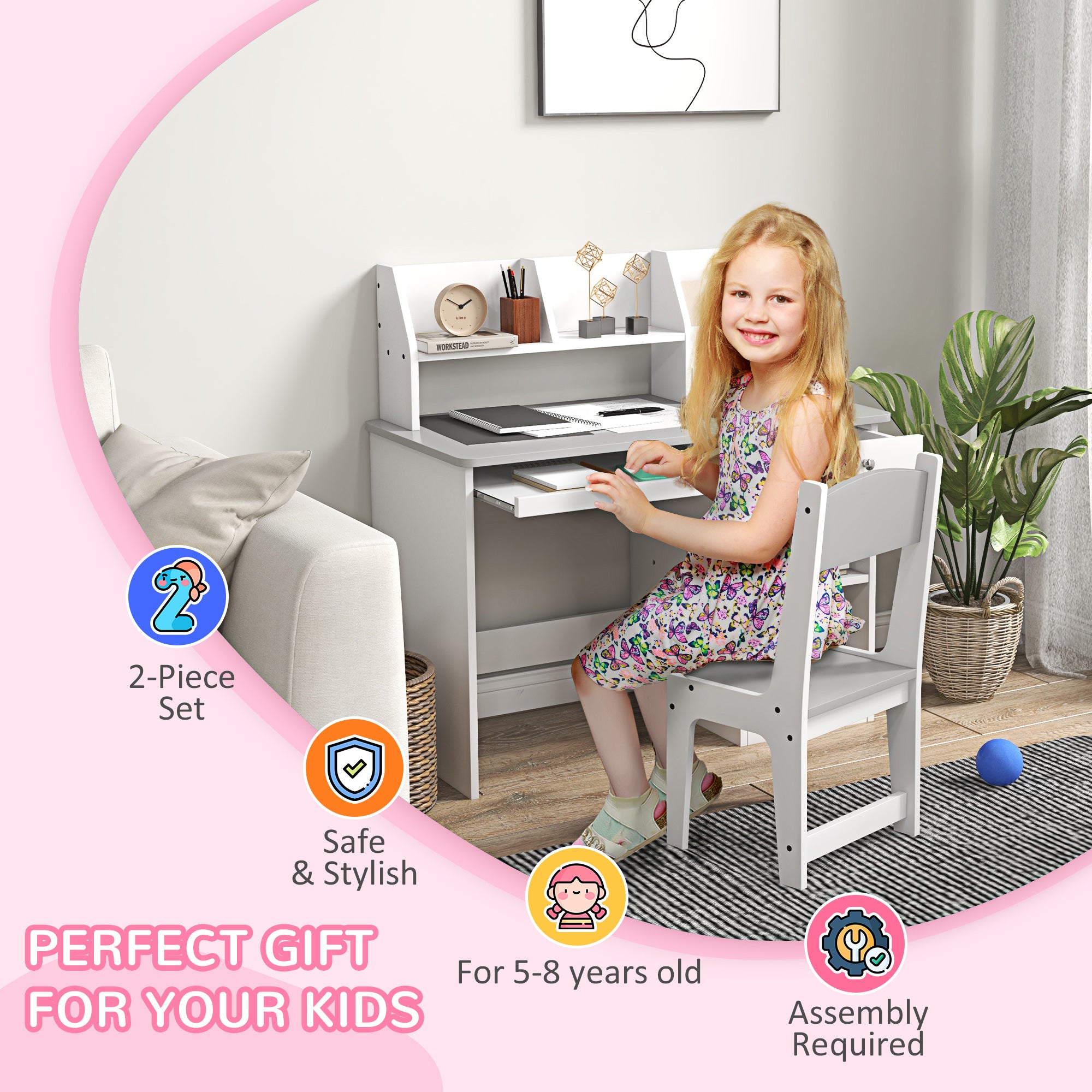 ZONEKIZ Two-Piece Kids Desk and Chair Set with Storage, for Ages 5-8 Years - Grey - North Peak Garden Furniture