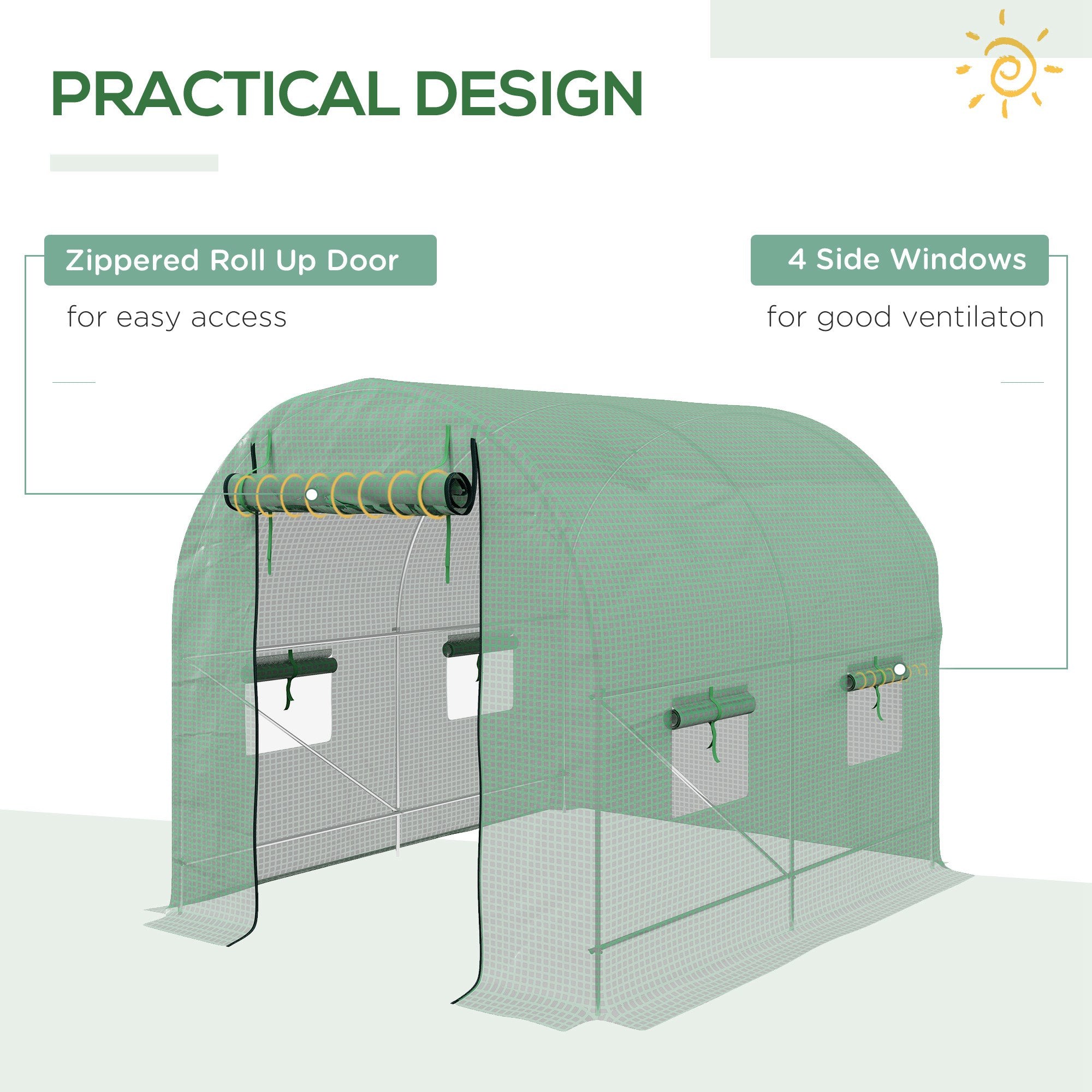 Outsunny Walk-In Garden Polytunnel Greenhouse with Steel Frame, PE Cover, Roll-Up Door and 4 Windows, 2.5 x 2m, Green - North Peak Garden Furniture
