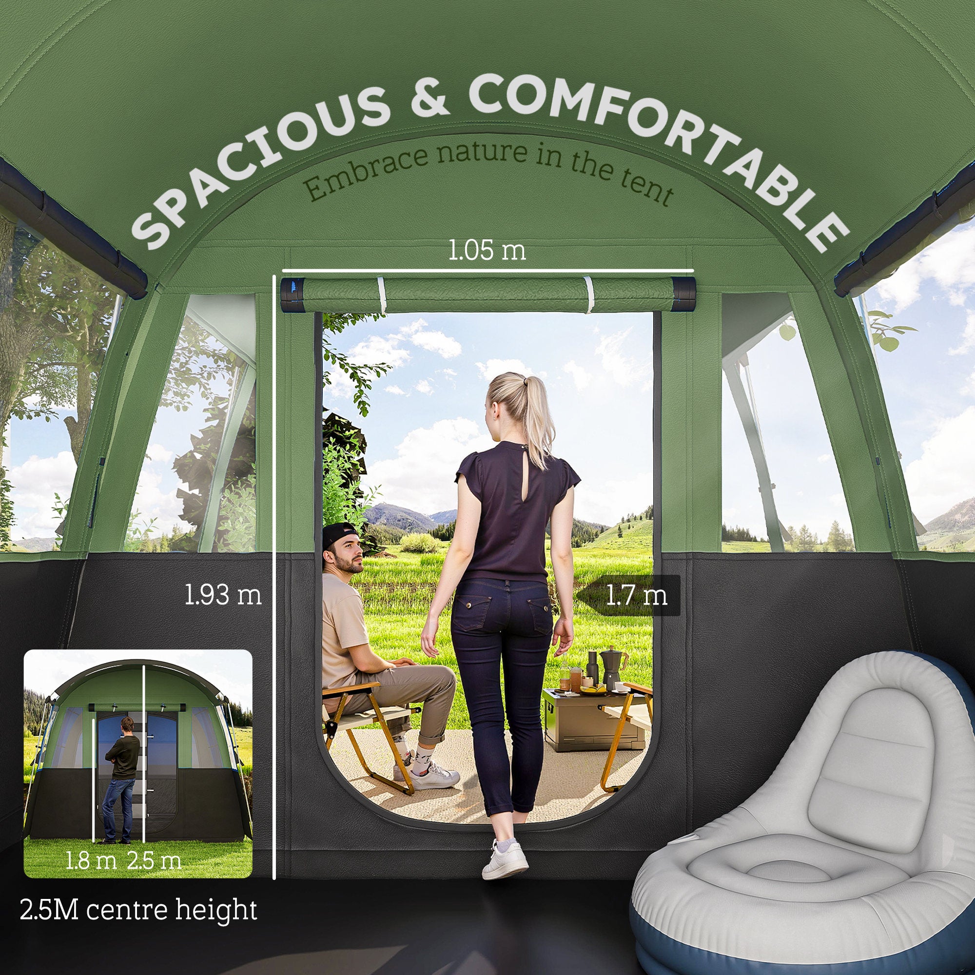 Outsunny 8-Person Camping Tent, Waterproof Family Tent, Tunnel Design, 4 Large Windows, Sleeping Cabins 3000mm Water Column Green - North Peak Garden Furniture