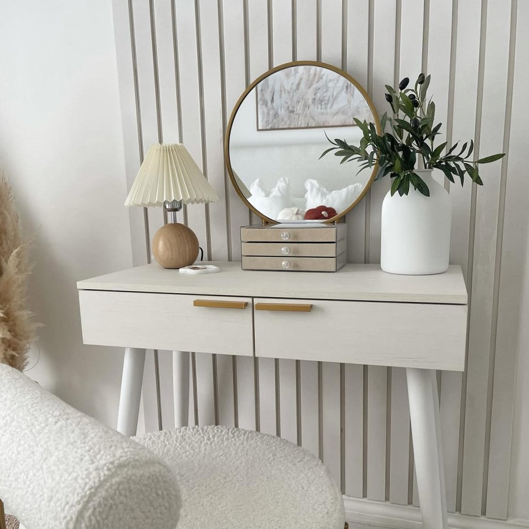 HOMCOM Modern Dressing Table with Round Mirror, Makeup Vanity Table with 2 Drawers for Bedroom, Living Room, White