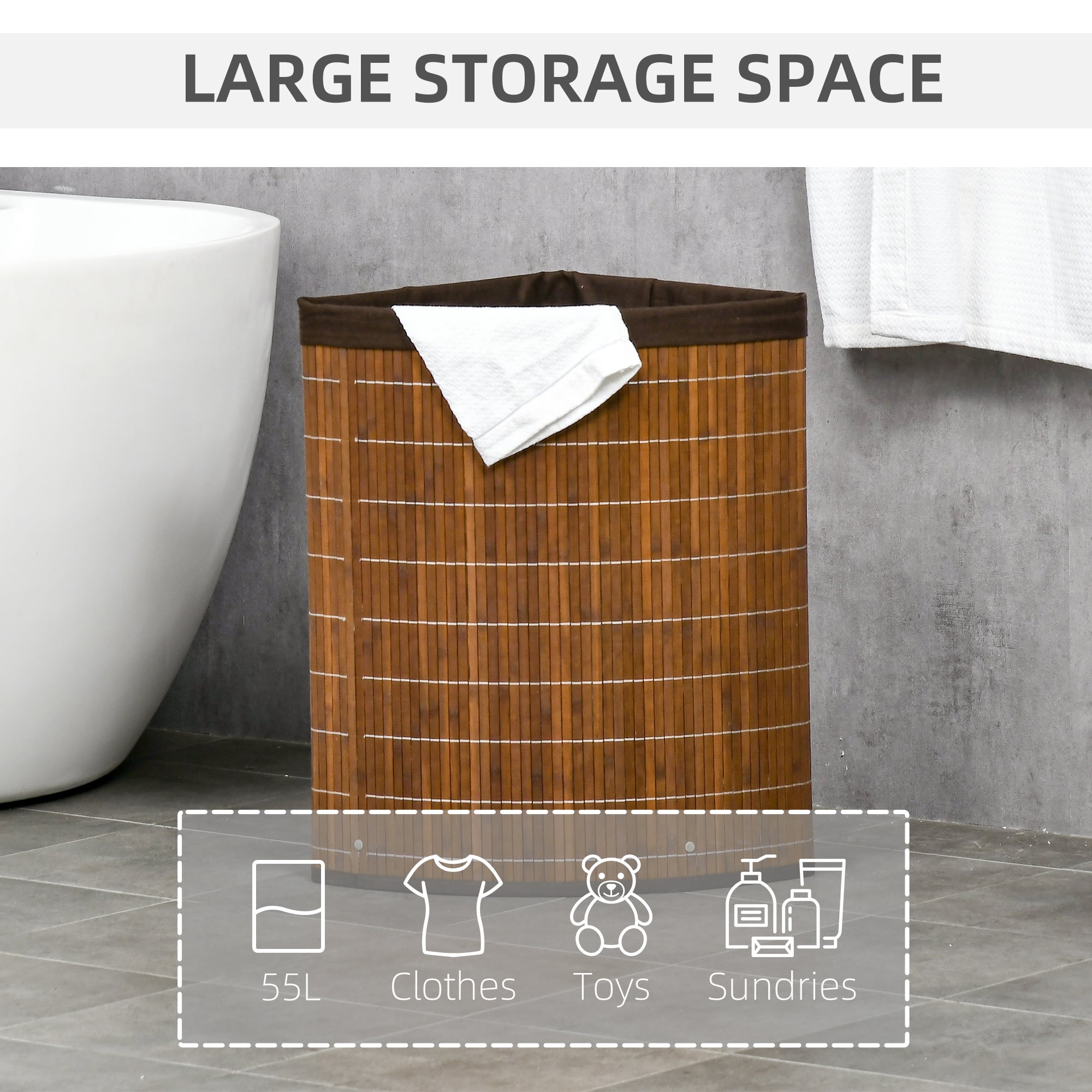 HOMCOM Bamboo Laundry Basket with Lid, 55 Litres Laundry Hamper with Removable Washable Lining, Corner Washing Baskets, 38 x 38 x 57cm, Brown - North Peak Garden Furniture