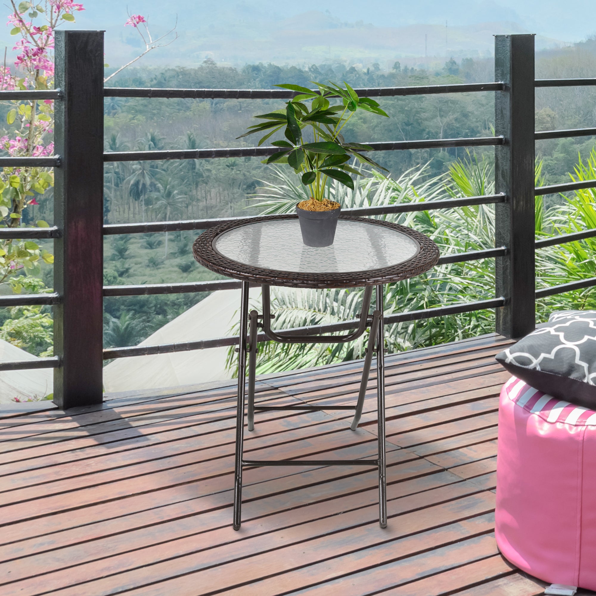Outsunny Folding Round Tempered Glass Metal Table with Brown Rattan Edging - North Peak Garden Furniture