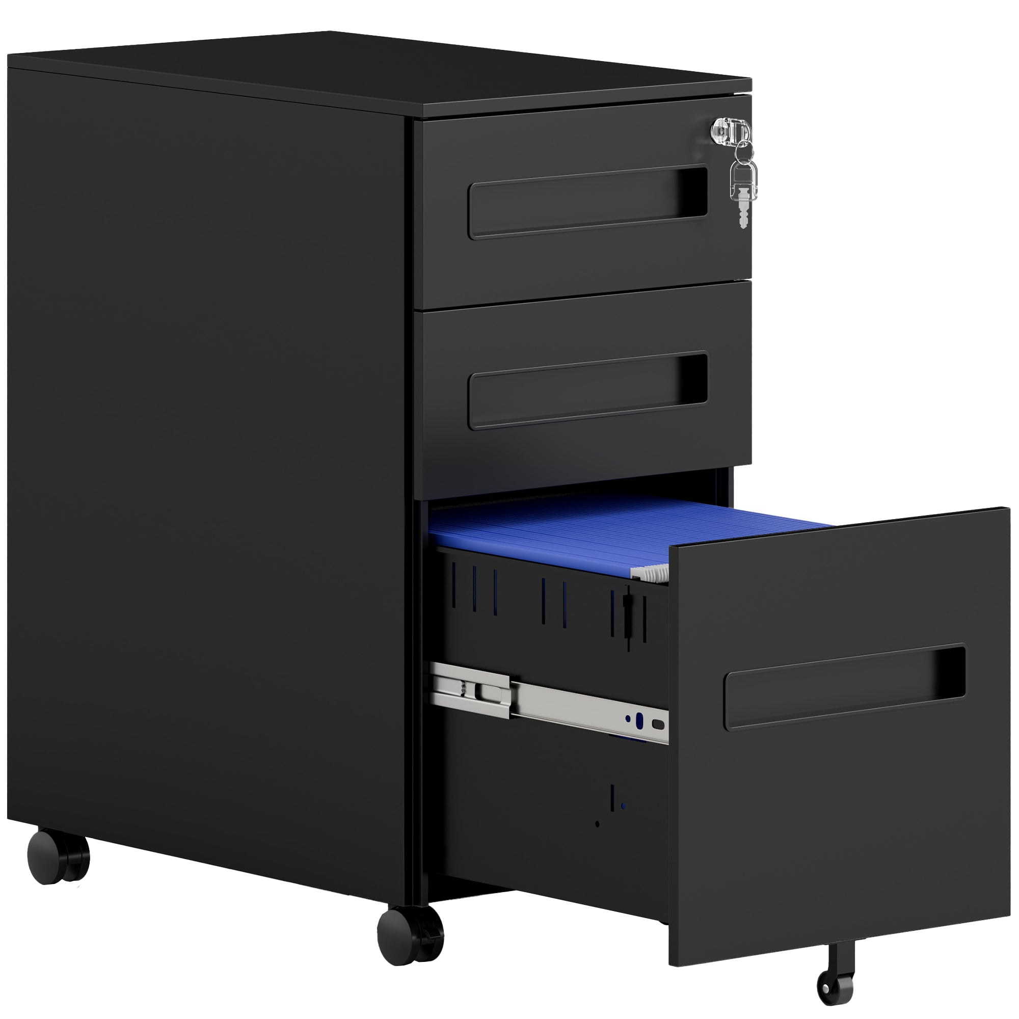 Vinsetto Metal Mobile File Cabinet with Wheels, Lockable 3 Drawer Filing Cabinet for A4, Legal, Letter, Compact Under Desk Storage Unit with Pre-Assembled Body for Home Office, 30 x 43.5 x 60cm, Black - North Peak Garden Furniture