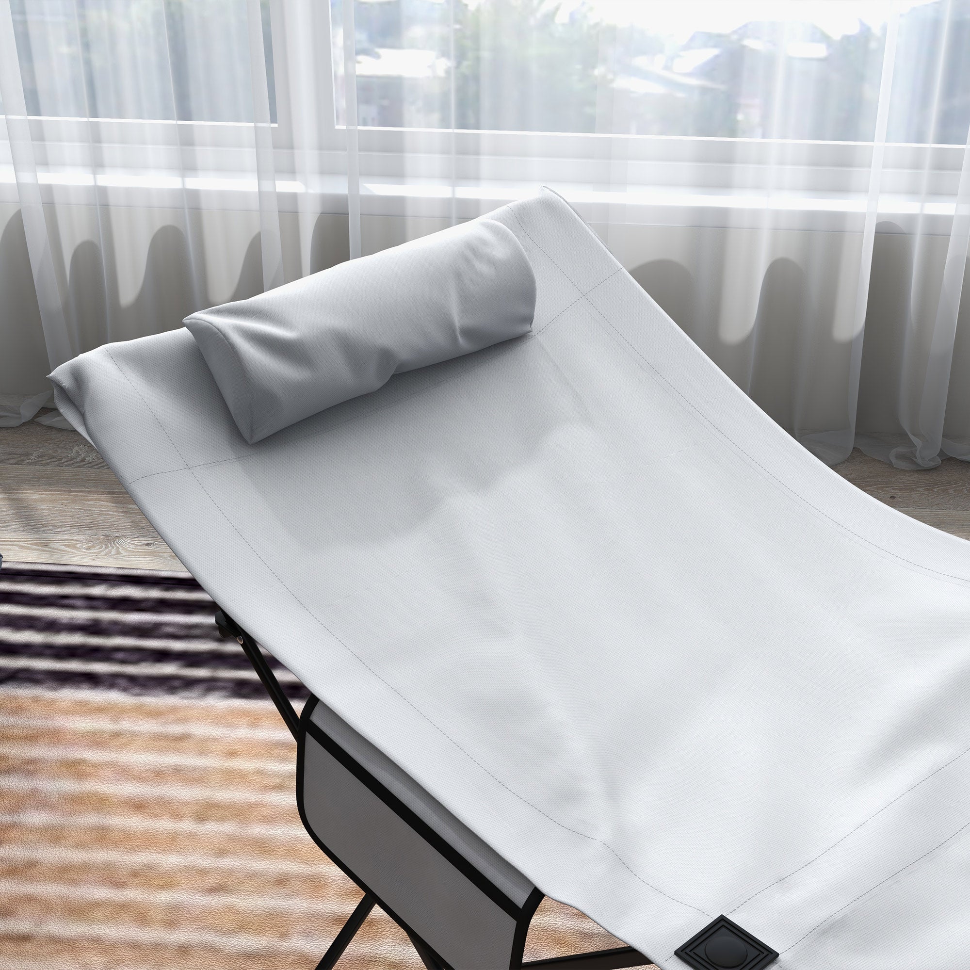 Outsunny Foldable Sun Lounger, Outdoor Tanning Sun Lounger Chair with Side Pocket, Headrest, Oxford Seat, for Beach, Yard, Patio, Light Grey - North Peak Garden Furniture