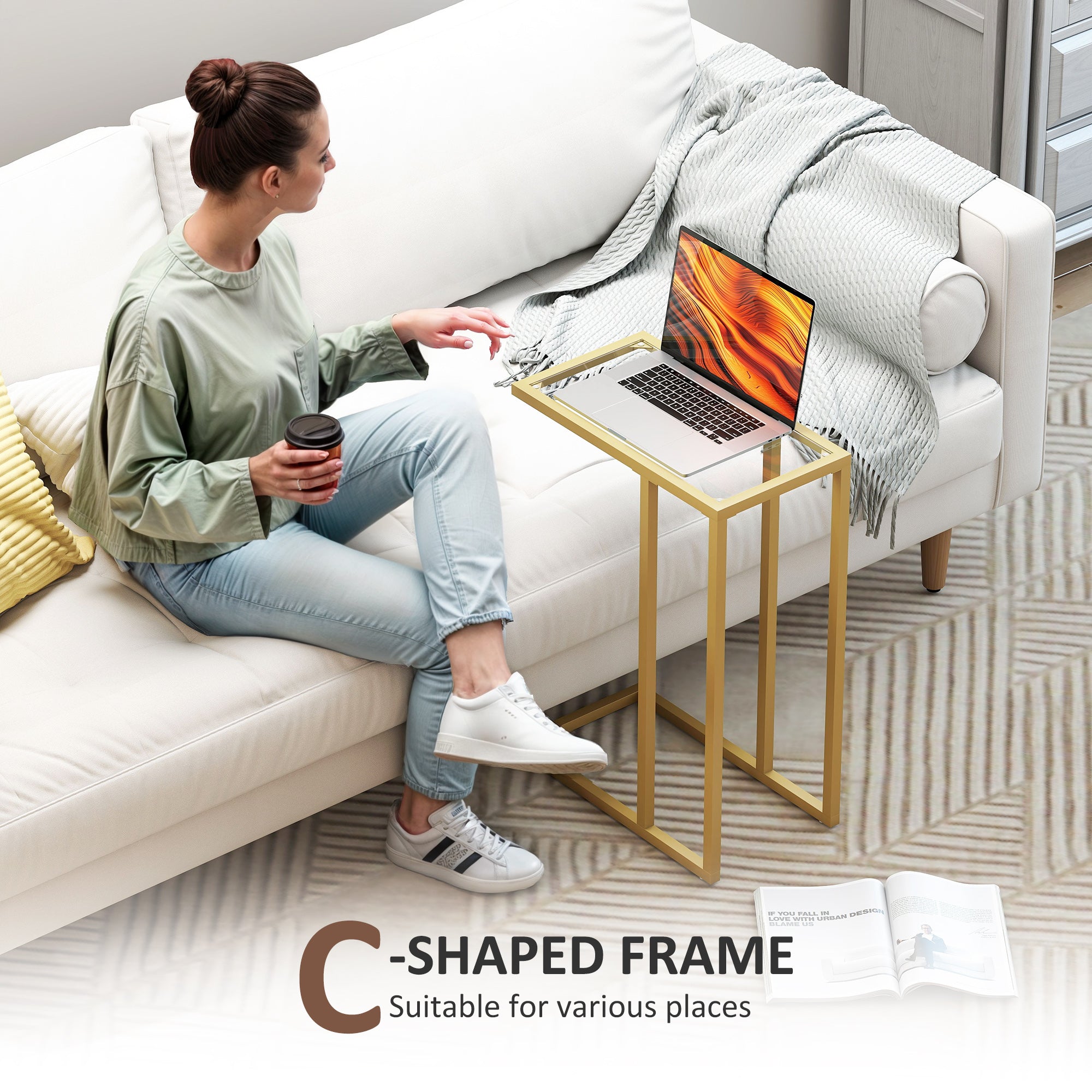 HOMCOM C-Shaped Side Table, Modern Slim End Table with Tempered Glass Tabletop, Steel Frame for Small Space, Living Room, Bedroom, Gold Tone - North Peak Garden Furniture
