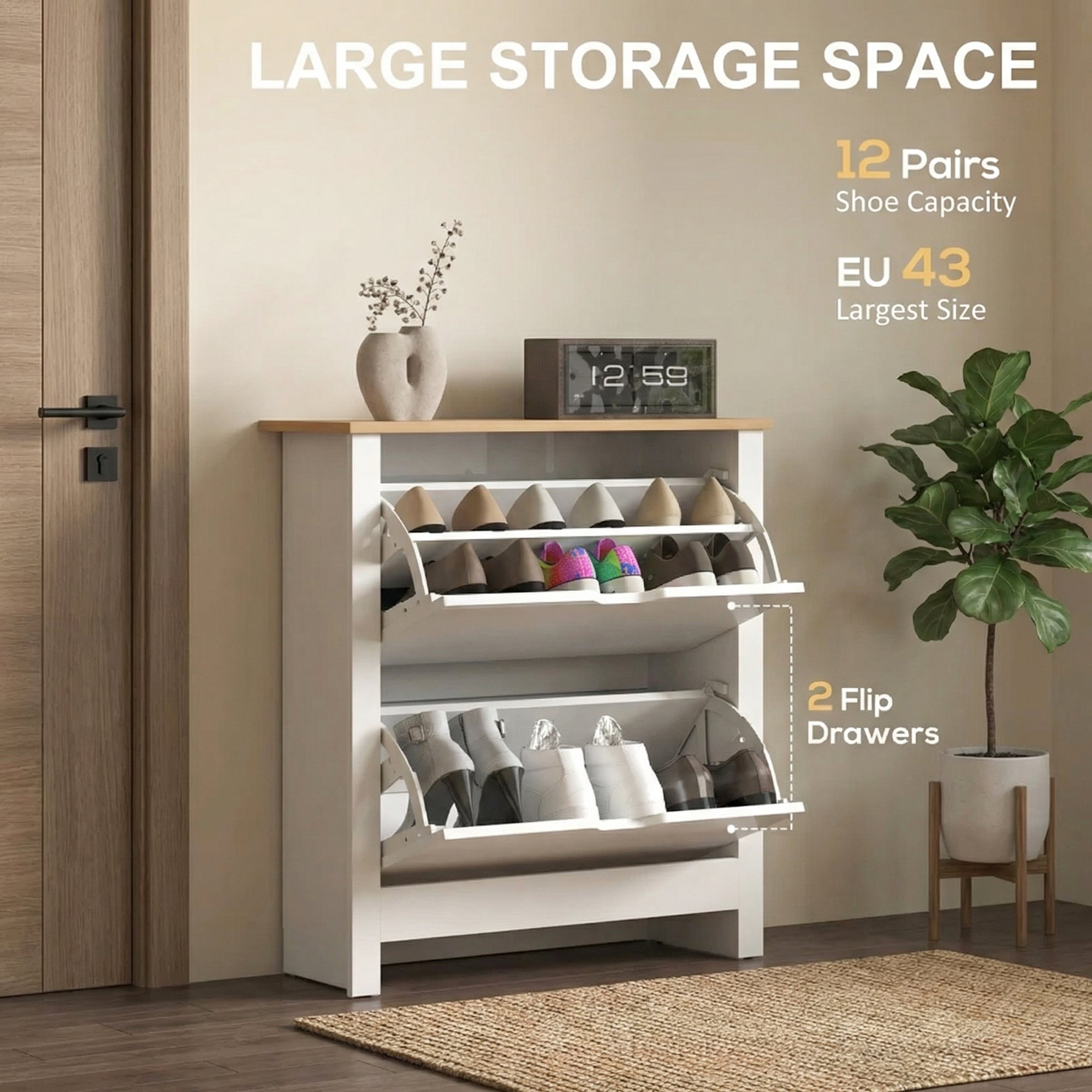 HOMCOM Slim Shoe Cabinet, Narrow Shoe Cupboard with 2 Flip Drawers, Adjustable Shelves for 12 Pairs of Shoes, High Gloss White