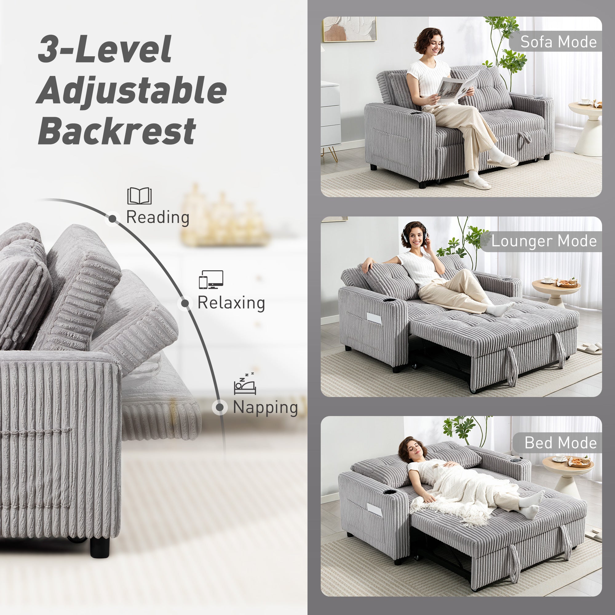 HOMCOM 2 Seater Click Clack Sofa Bed with Pull Out Design, Corduroy Upholstery - Light Grey
