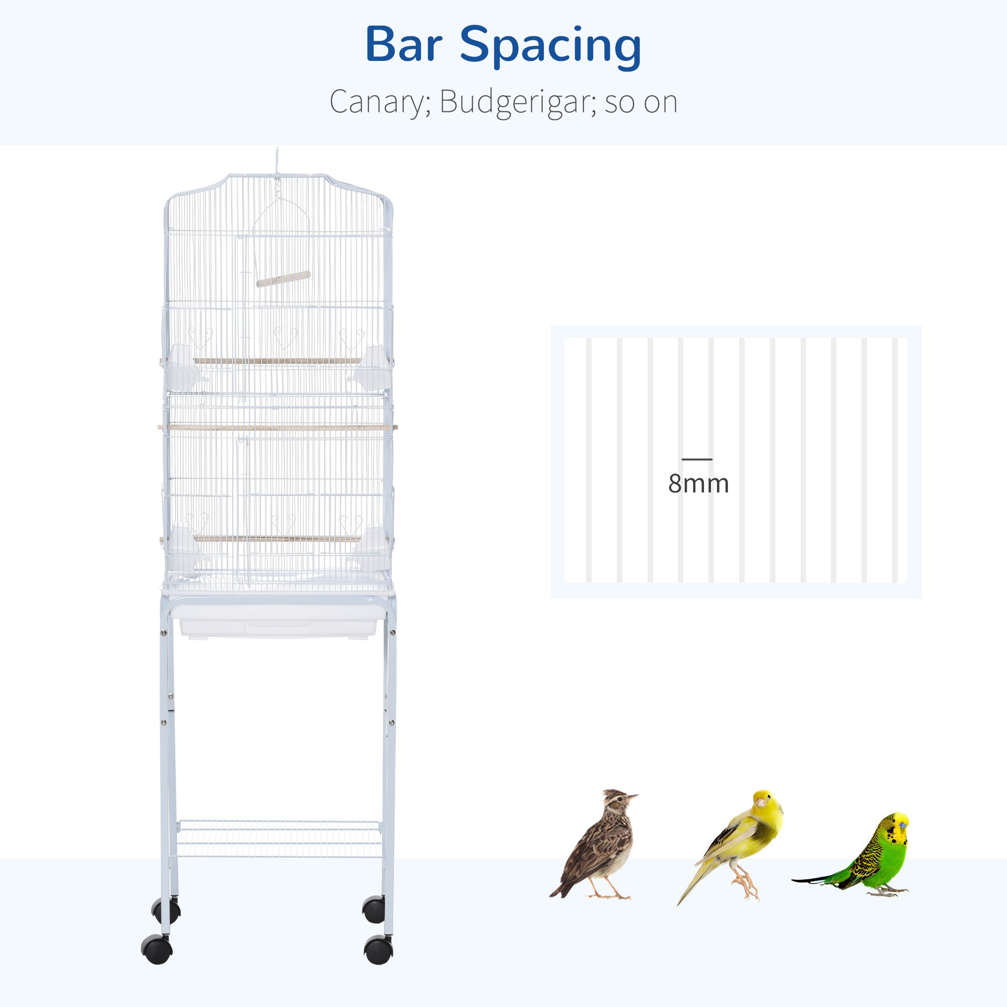 PawHut Bird Cage Budgie Cages for Finch Canary Parakeet with Stand Wheels Slide-out Tray Accessories Storage Shelf, White 46.5 x 36 x 157 cm - North Peak Garden Furniture