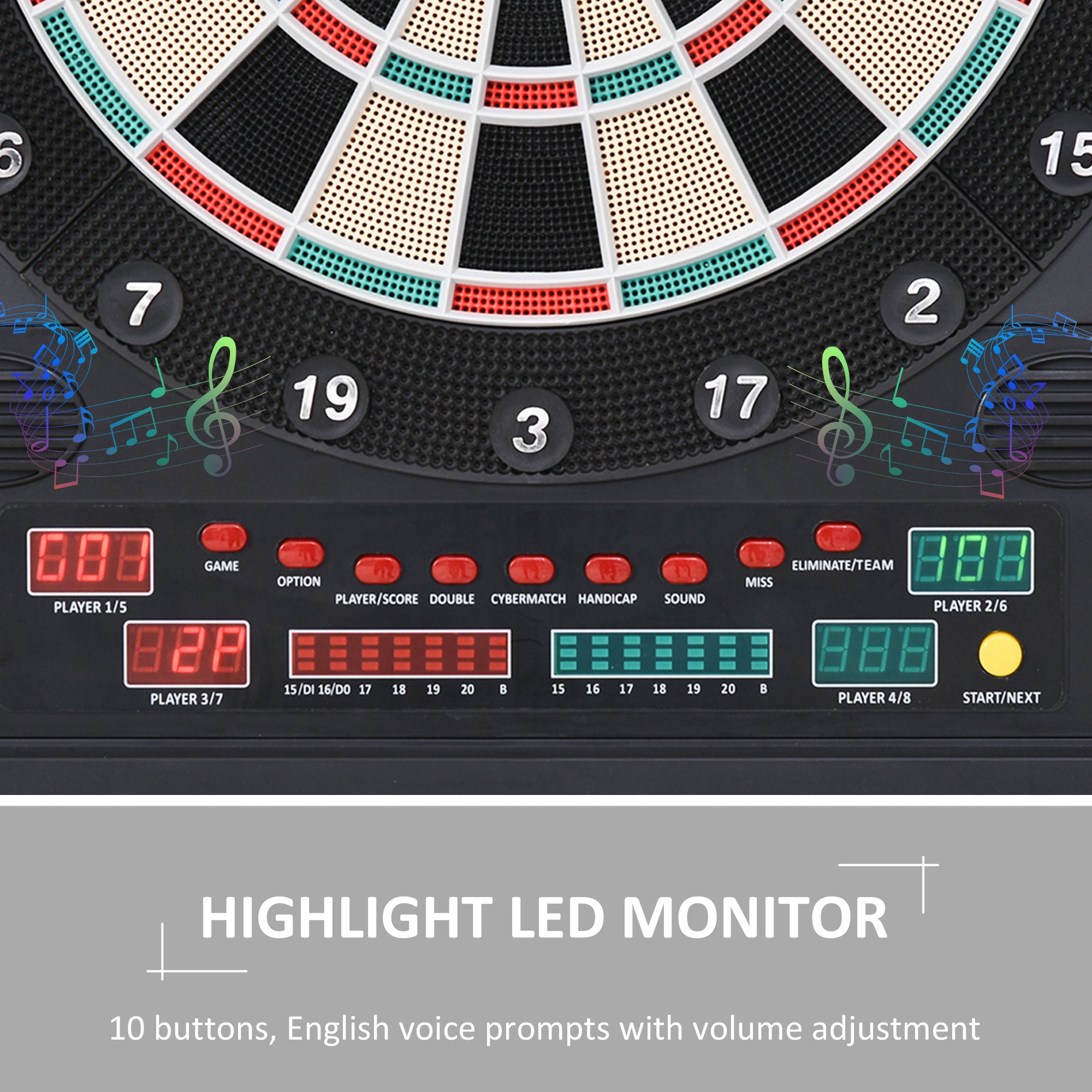 HOMCOM Electronic Dartboard Set, 27 Games Modes and 202 Variations, LED & 12 Soft Tip Darts and Cabinet to Storage, Ready-to-Play Multi-Game Option Darts Machine - North Peak Garden Furniture